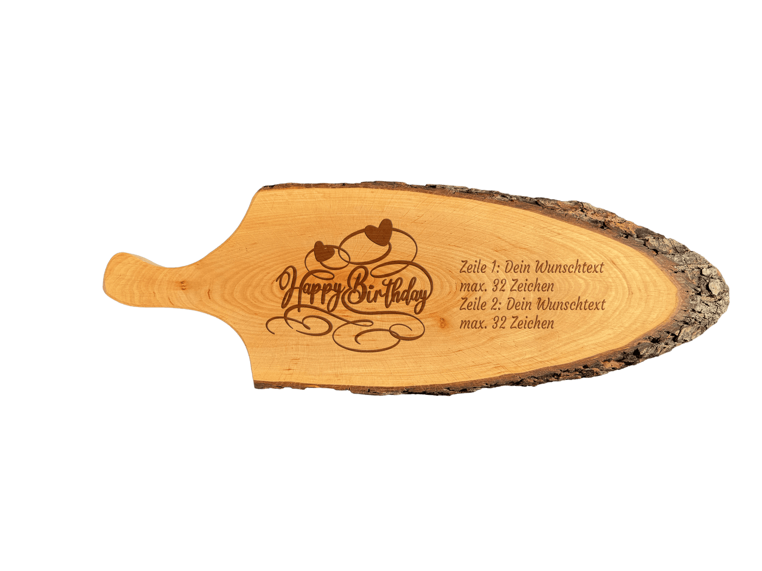 Servierbrett mit Griff & Rinde geölt aus Erlenholz  L 56 - 65 cm B 22 - 28 cm (Preis inkl. Gravur)