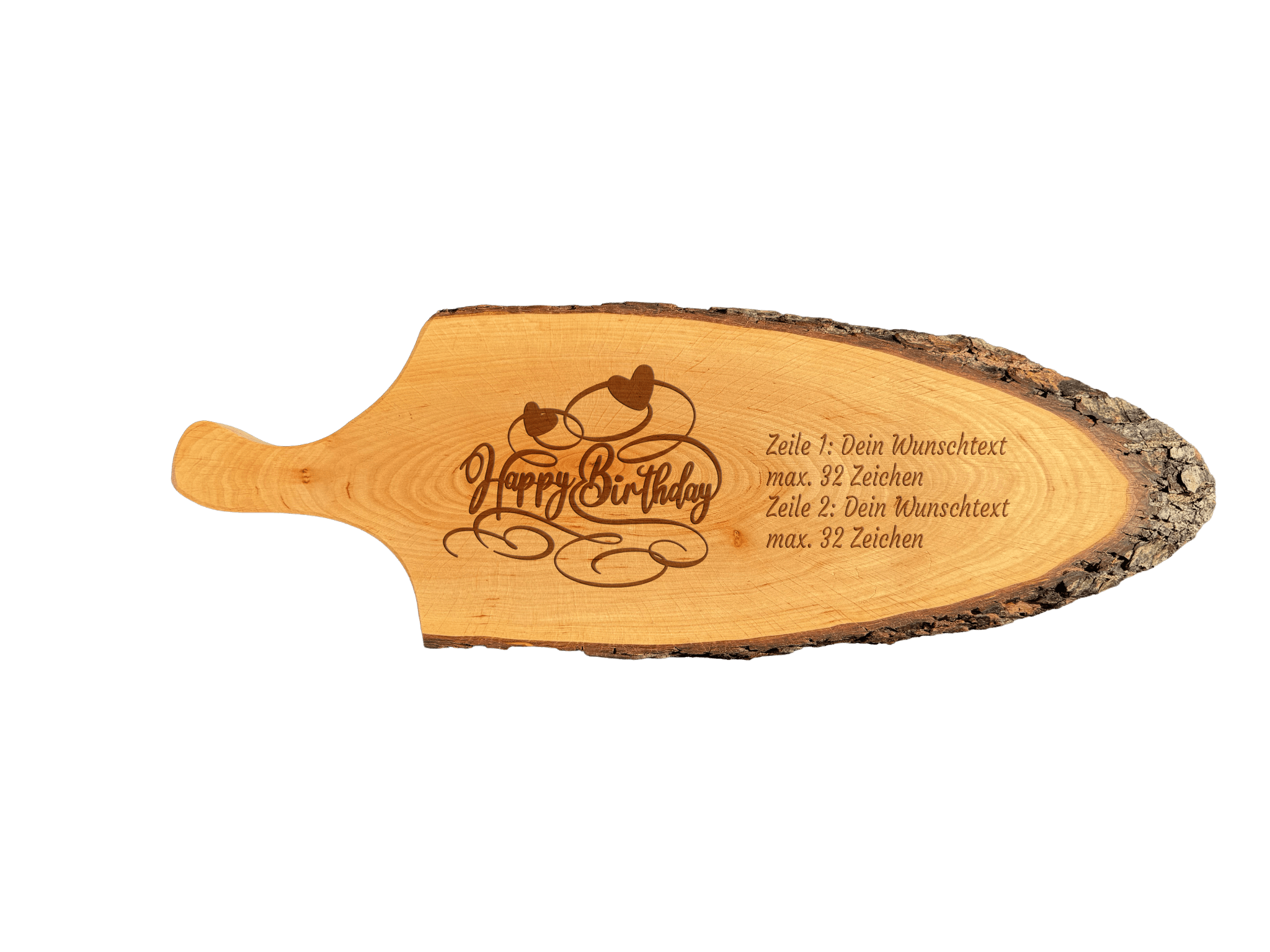 Servierbrett mit Griff & Rinde geölt aus Erlenholz  L 56 - 65 cm B 22 - 28 cm (Preis inkl. Gravur)