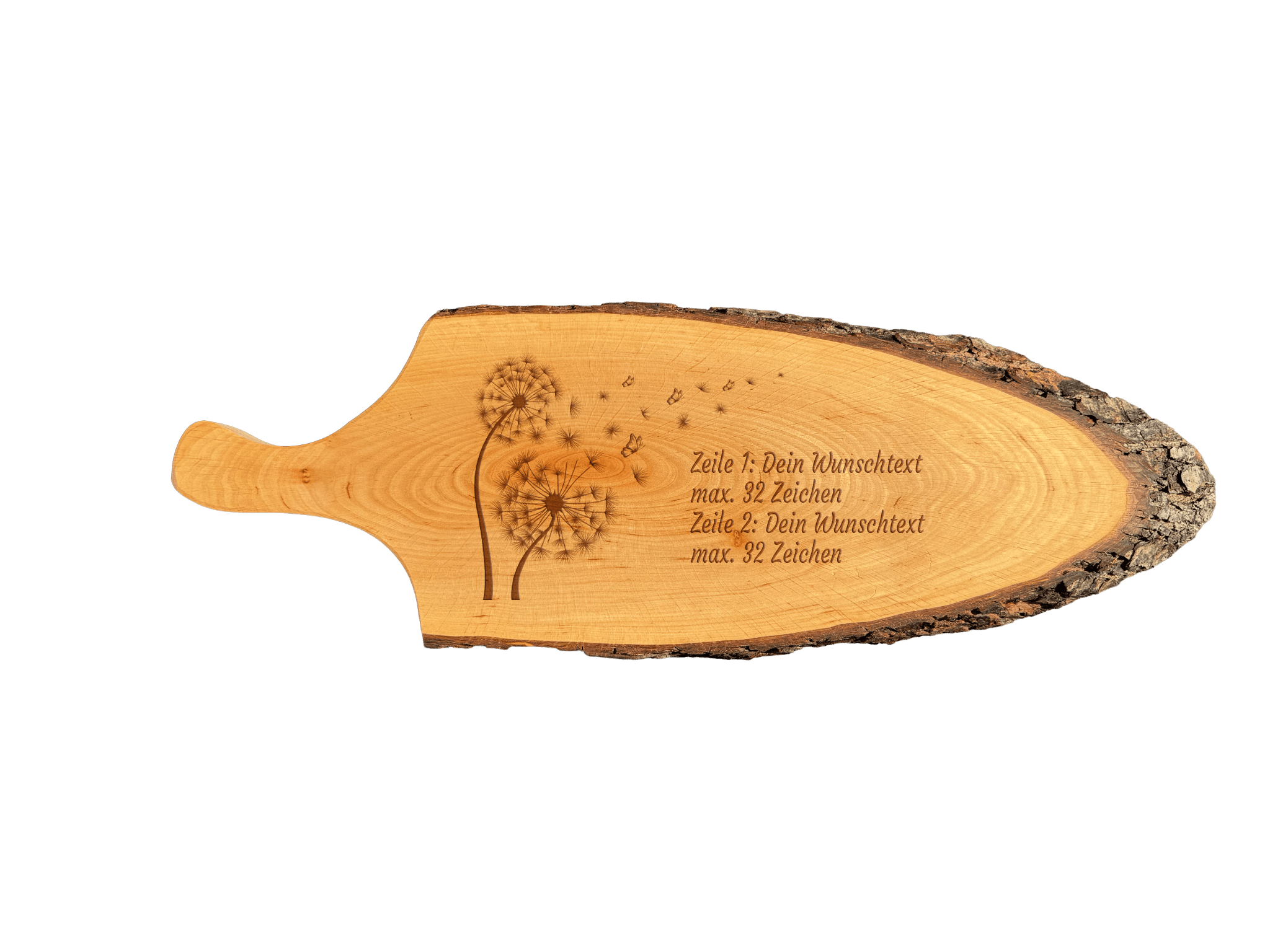 Servierbrett mit Griff & Rinde geölt aus Erlenholz  L 56 - 65 cm B 22 - 28 cm (Preis inkl. Gravur)