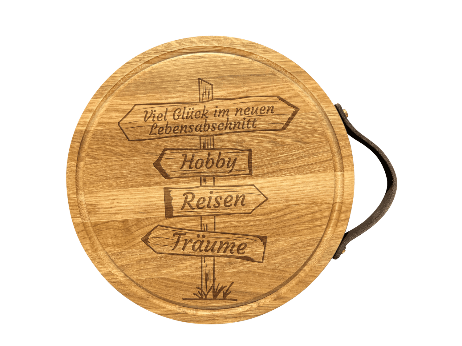 Rundes Schneidebrett aus Eichenholz mit Ledergriff 30 cm Durchmesser (Preis inkl. Gravur)
