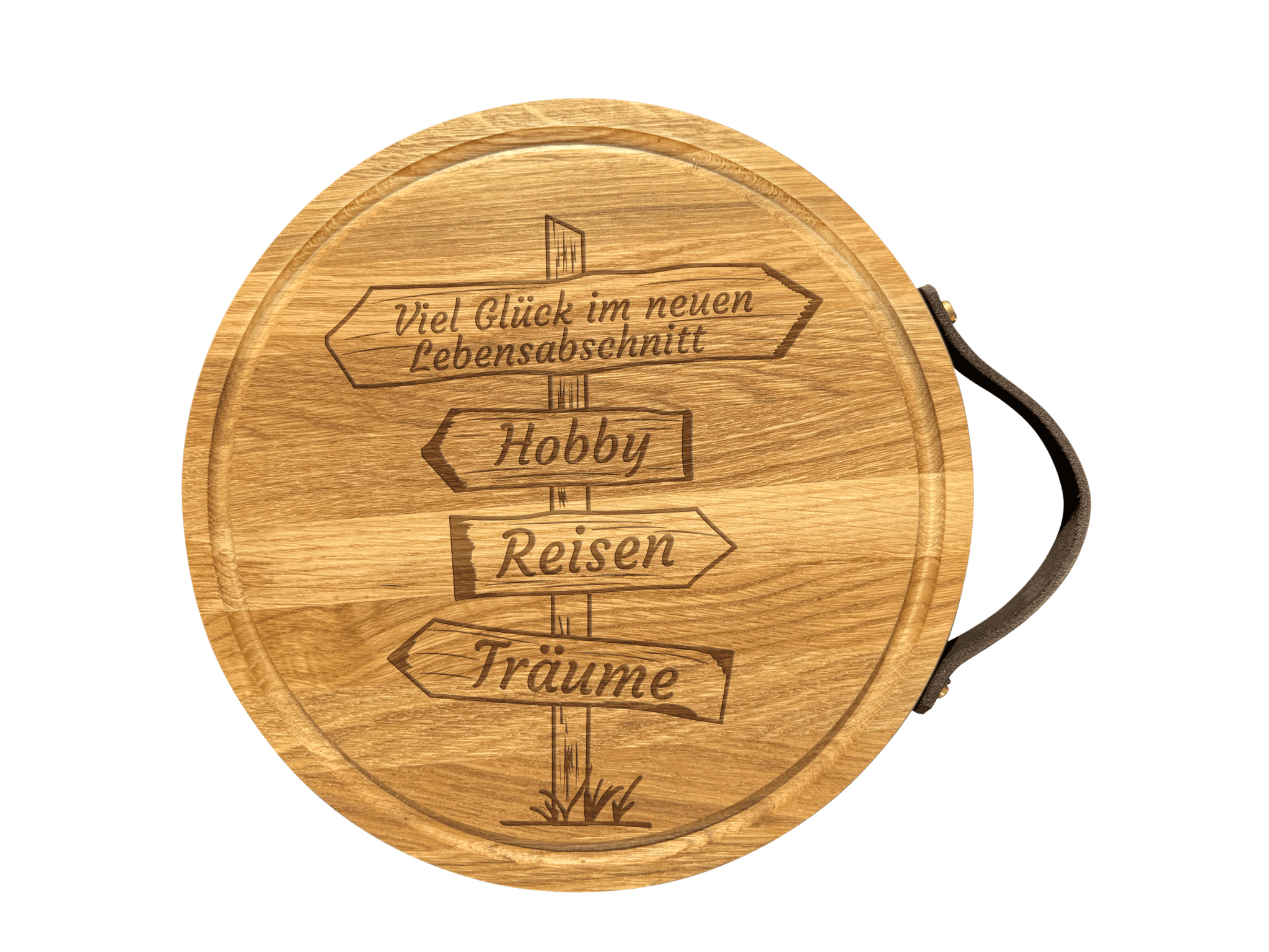 Rundes Schneidebrett aus Eichenholz mit Ledergriff 30 cm Durchmesser (Preis inkl. Gravur)