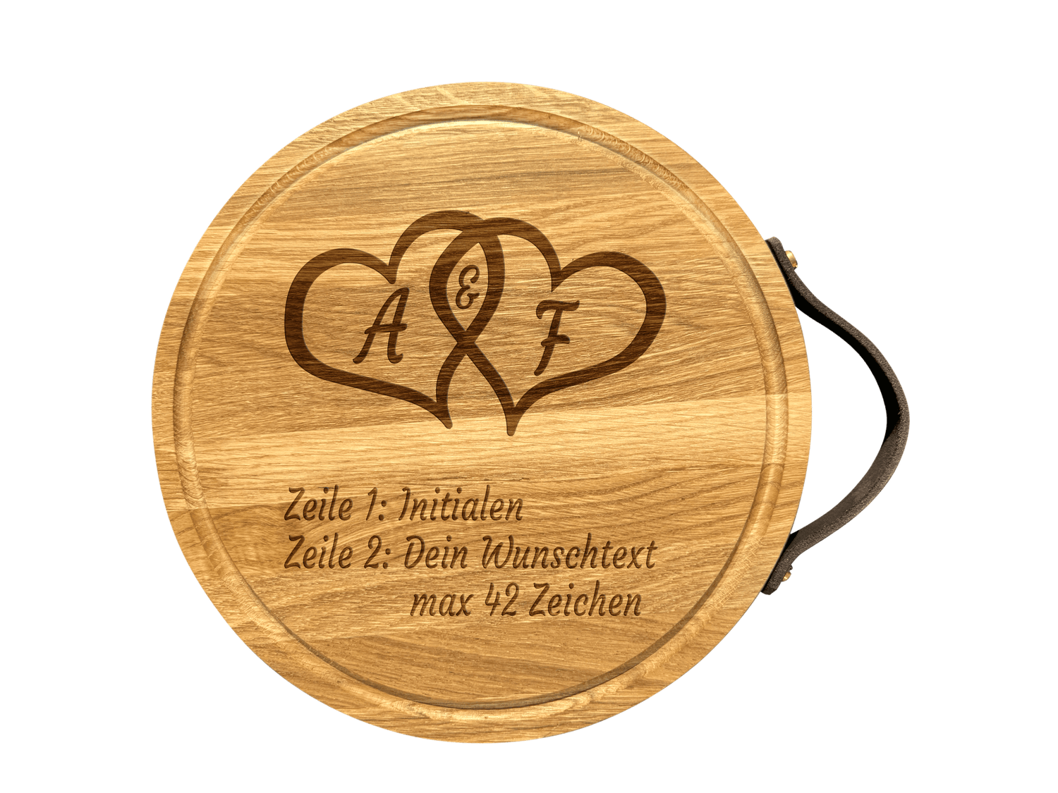 Rundes Schneidebrett aus Eichenholz mit Ledergriff 30 cm Durchmesser (Preis inkl. Gravur)