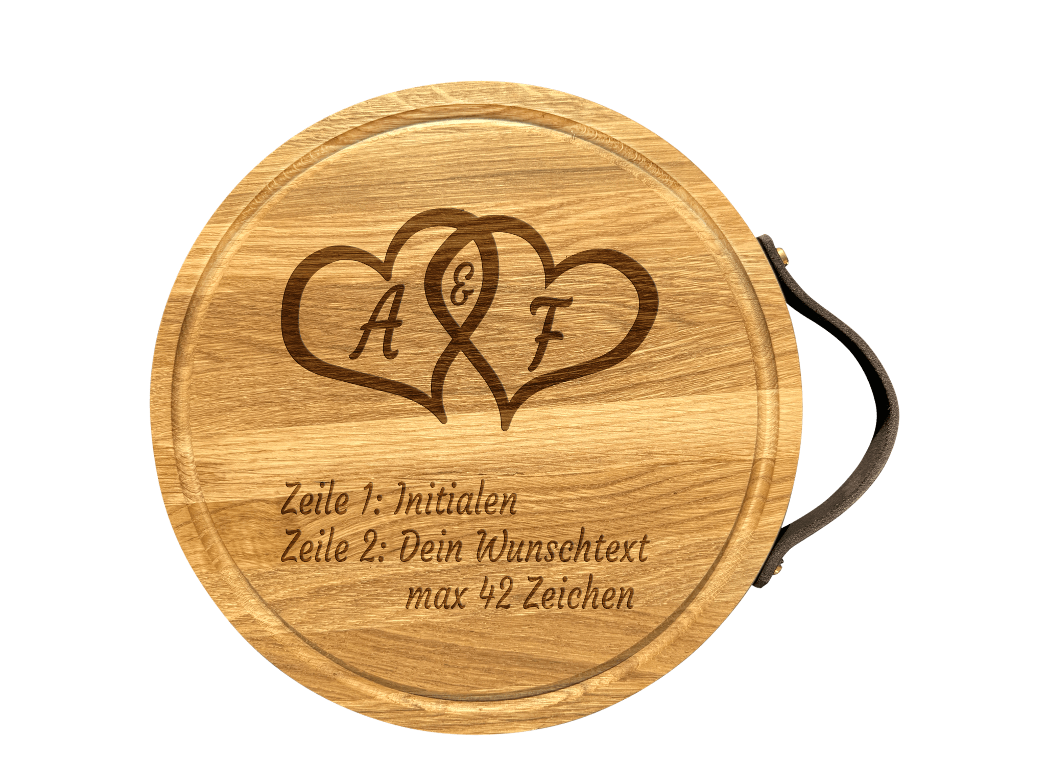Rundes Schneidebrett aus Eichenholz mit Ledergriff 30 cm Durchmesser (Preis inkl. Gravur)