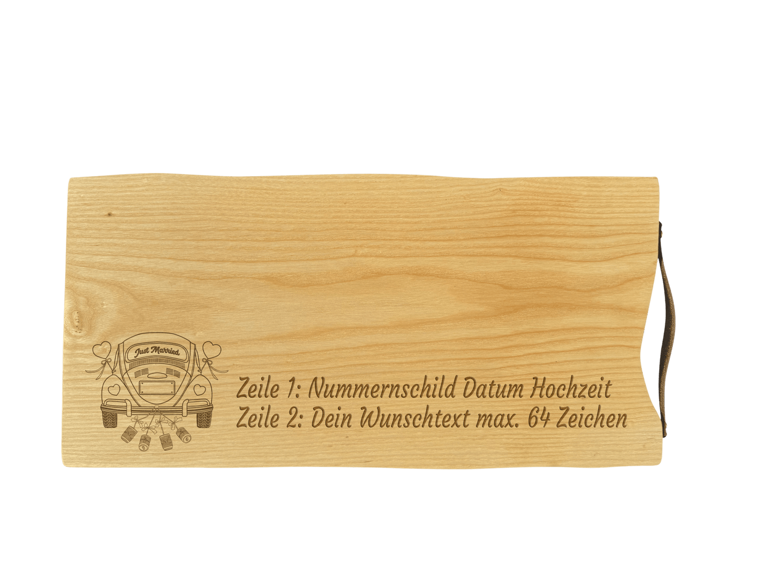 Schneidebrett Esche mit Baumkante und Ledergriff  50 x 24 x 2 cm (Preis inkl. Gravur)