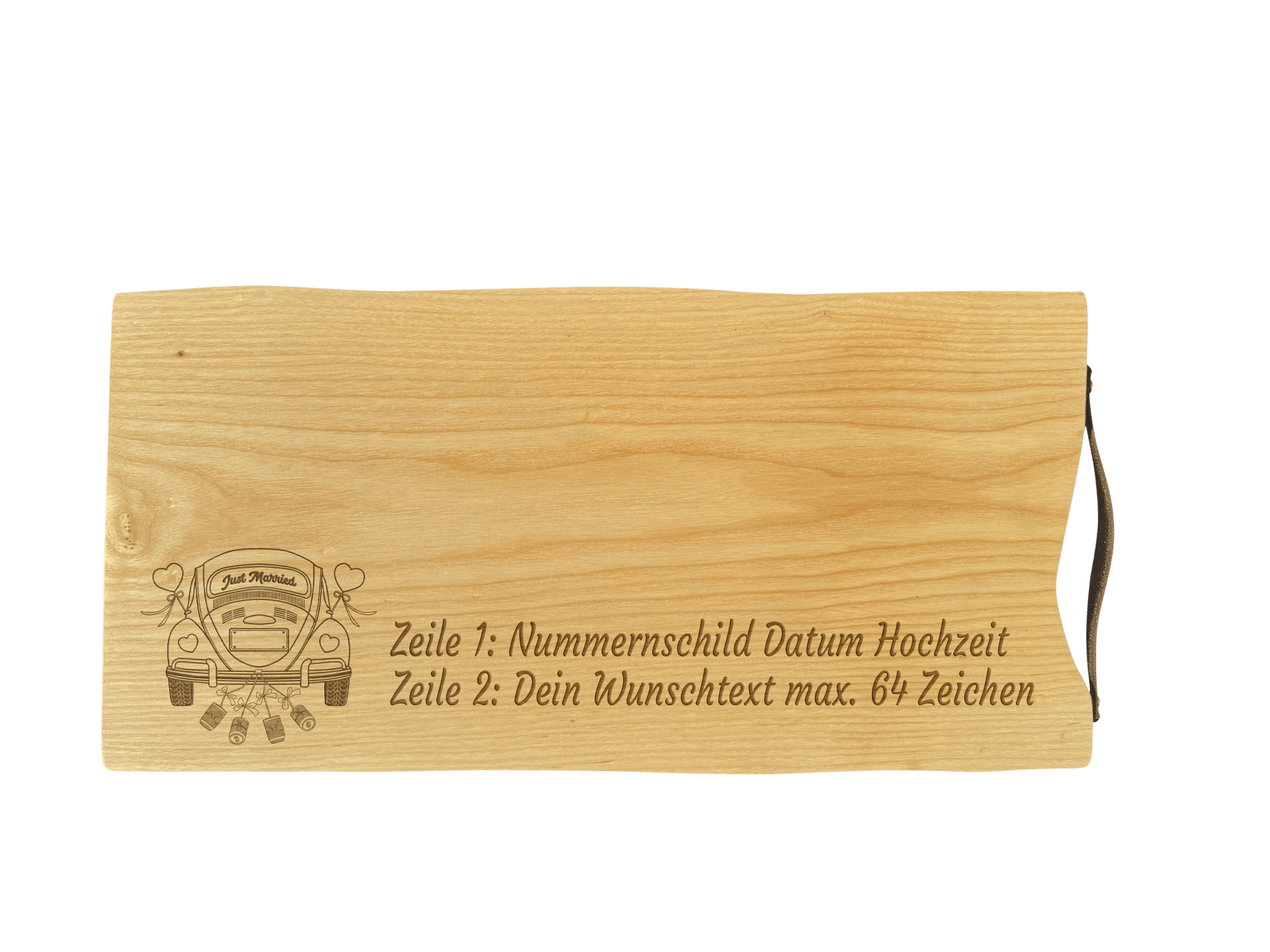 Schneidebrett Esche mit Baumkante und Ledergriff  50 x 24 x 2 cm (Preis inkl. Gravur)