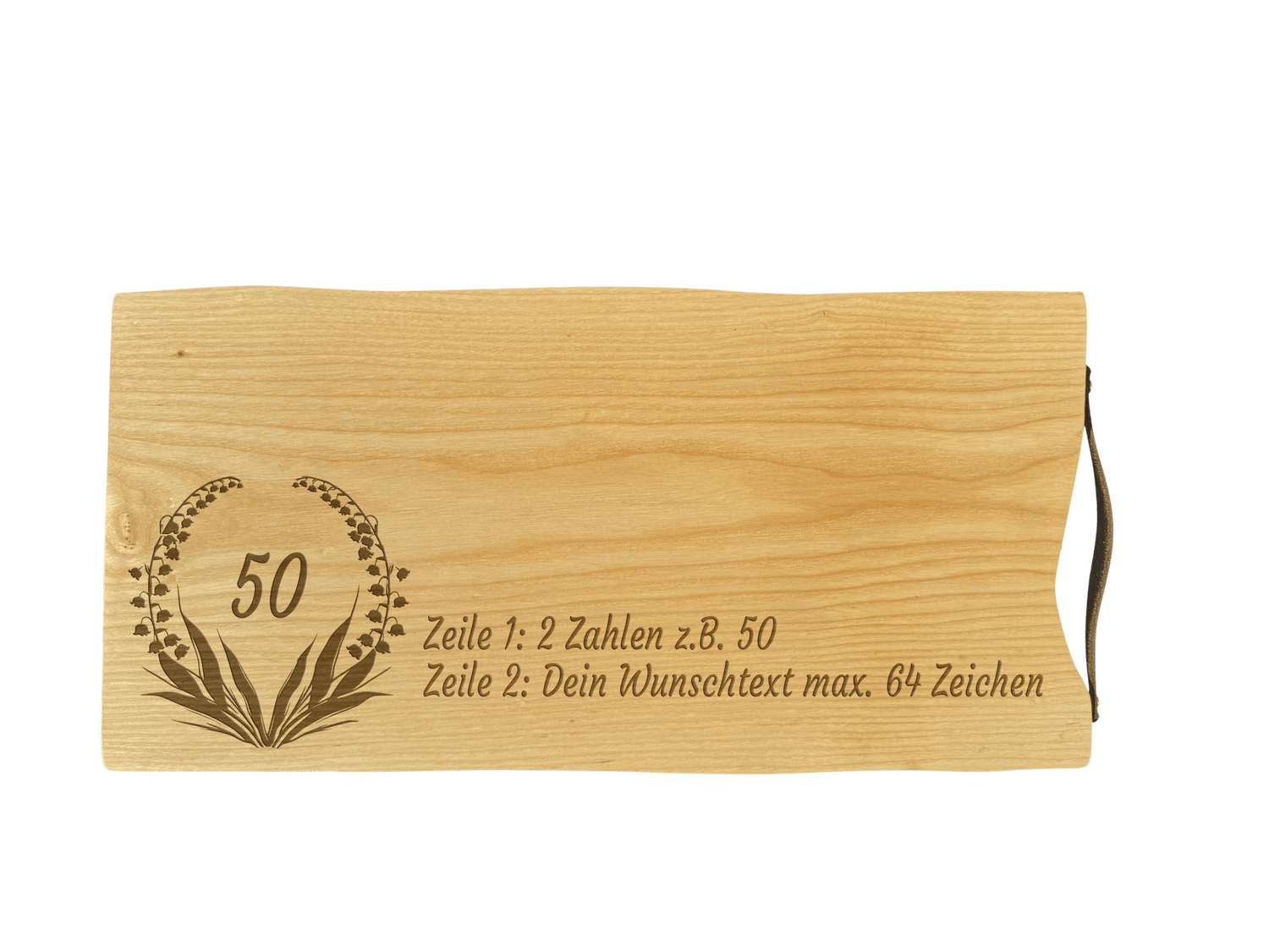 Schneidebrett Esche mit Baumkante und Ledergriff  50 x 24 x 2 cm (Preis inkl. Gravur)