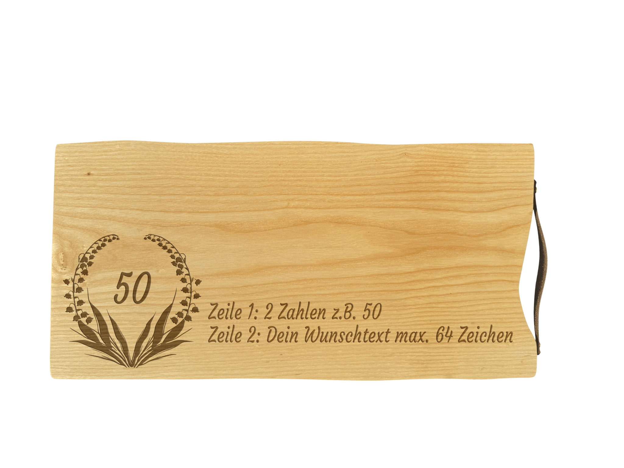 Schneidebrett Esche mit Baumkante und Ledergriff  50 x 24 x 2 cm (Preis inkl. Gravur)