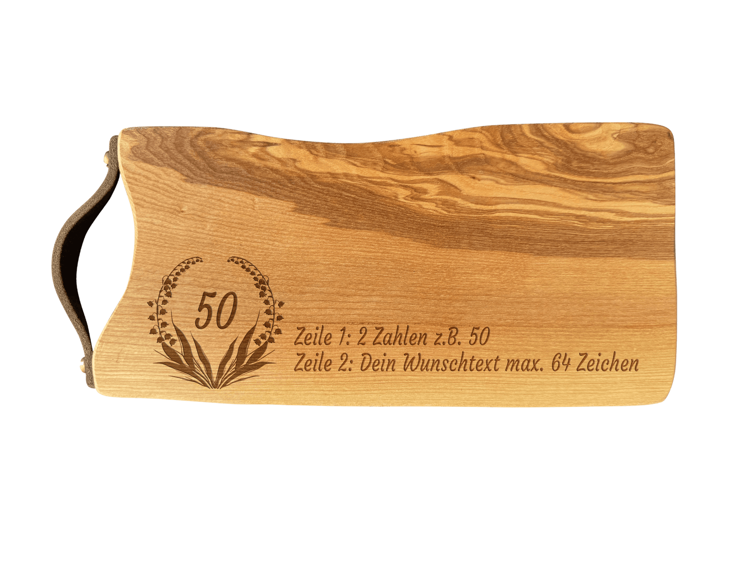 Schneidebrett Esche mit Baumkante und Ledergriff  34 x 14 x 2 cm (Preis inkl. Gravur)