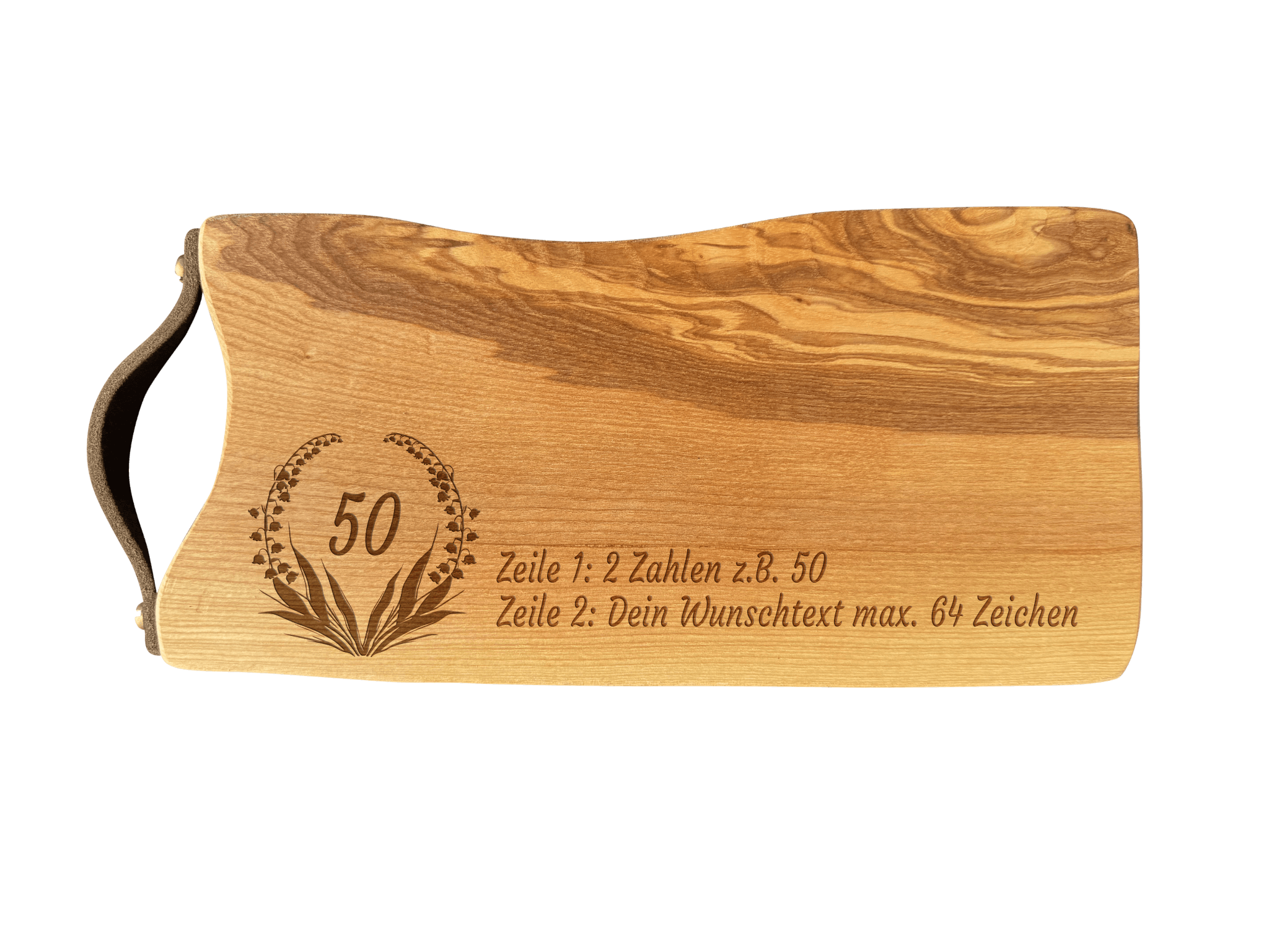 Schneidebrett Esche mit Baumkante und Ledergriff  34 x 14 x 2 cm (Preis inkl. Gravur)