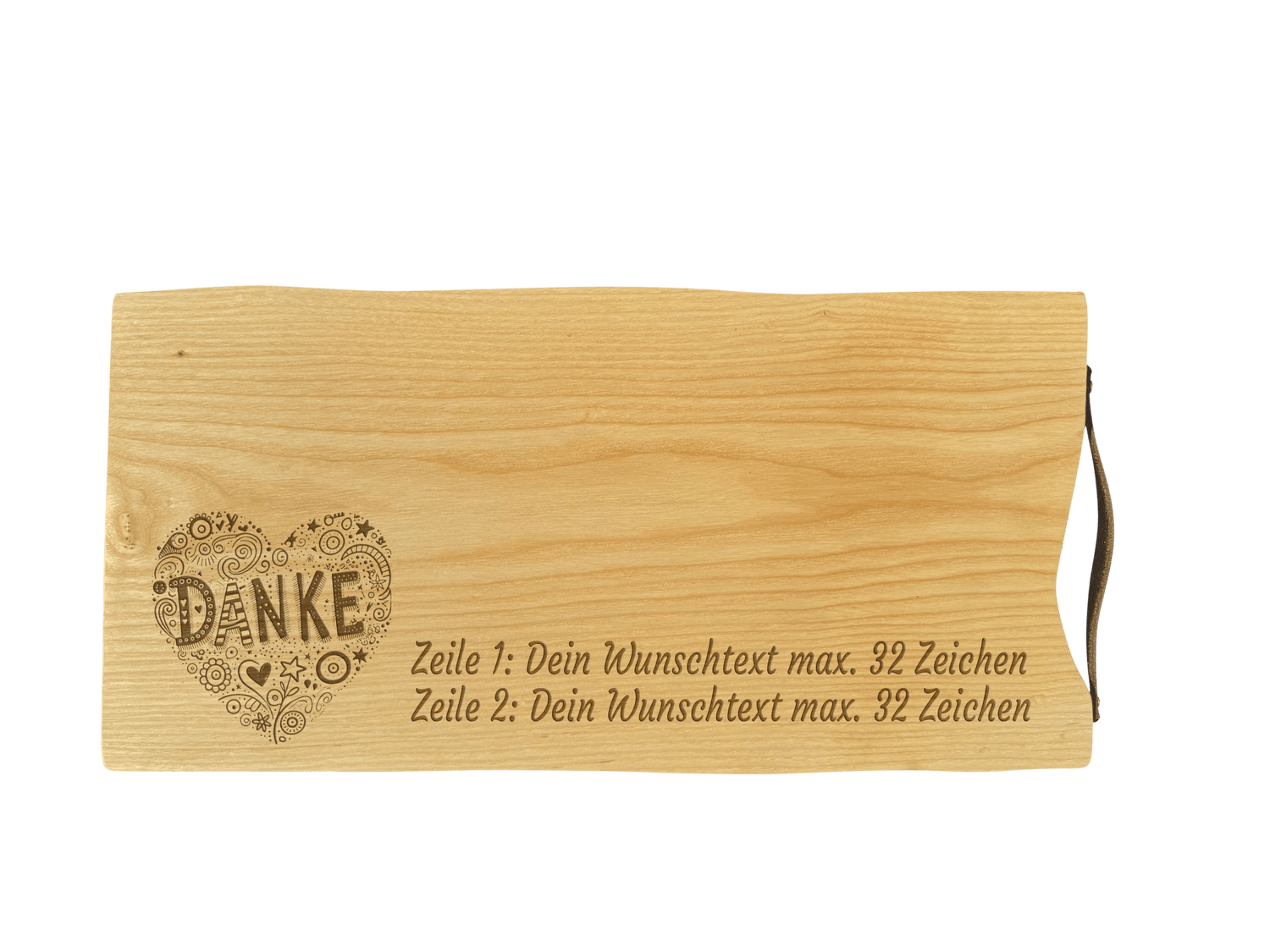 Schneidebrett Esche mit Baumkante und Ledergriff  50 x 24 x 2 cm (Preis inkl. Gravur)