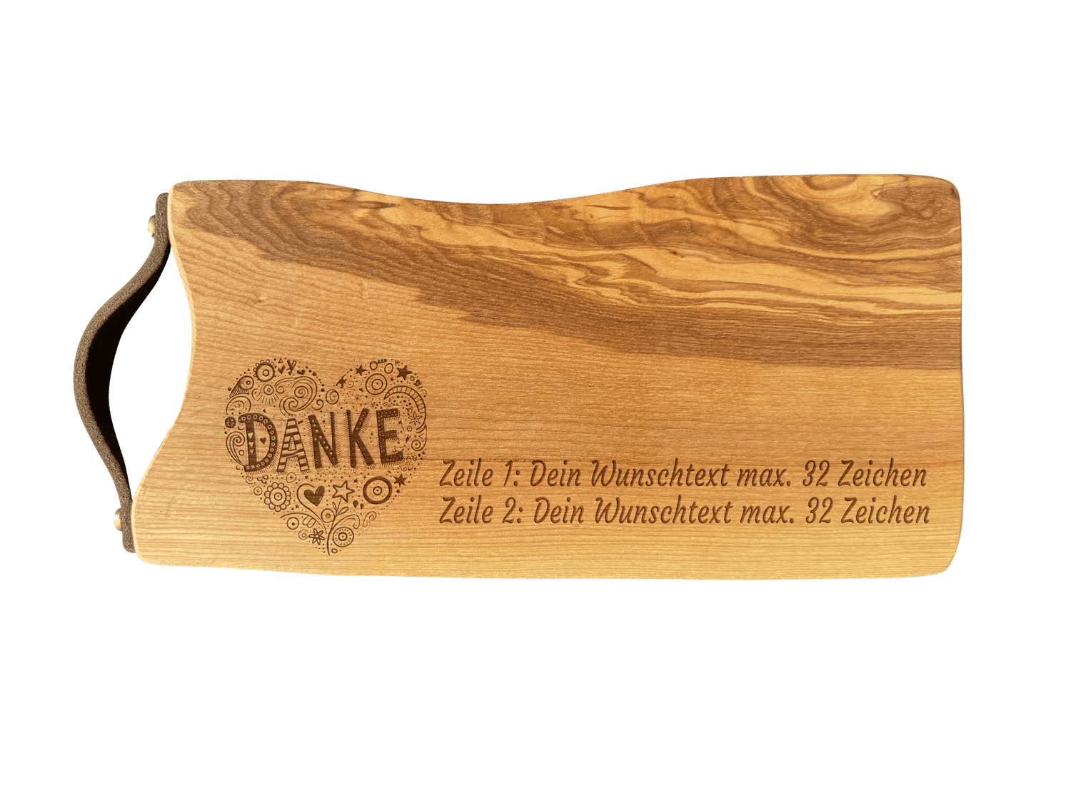 Schneidebrett Esche mit Baumkante und Ledergriff  34 x 14 x 2 cm (Preis inkl. Gravur)