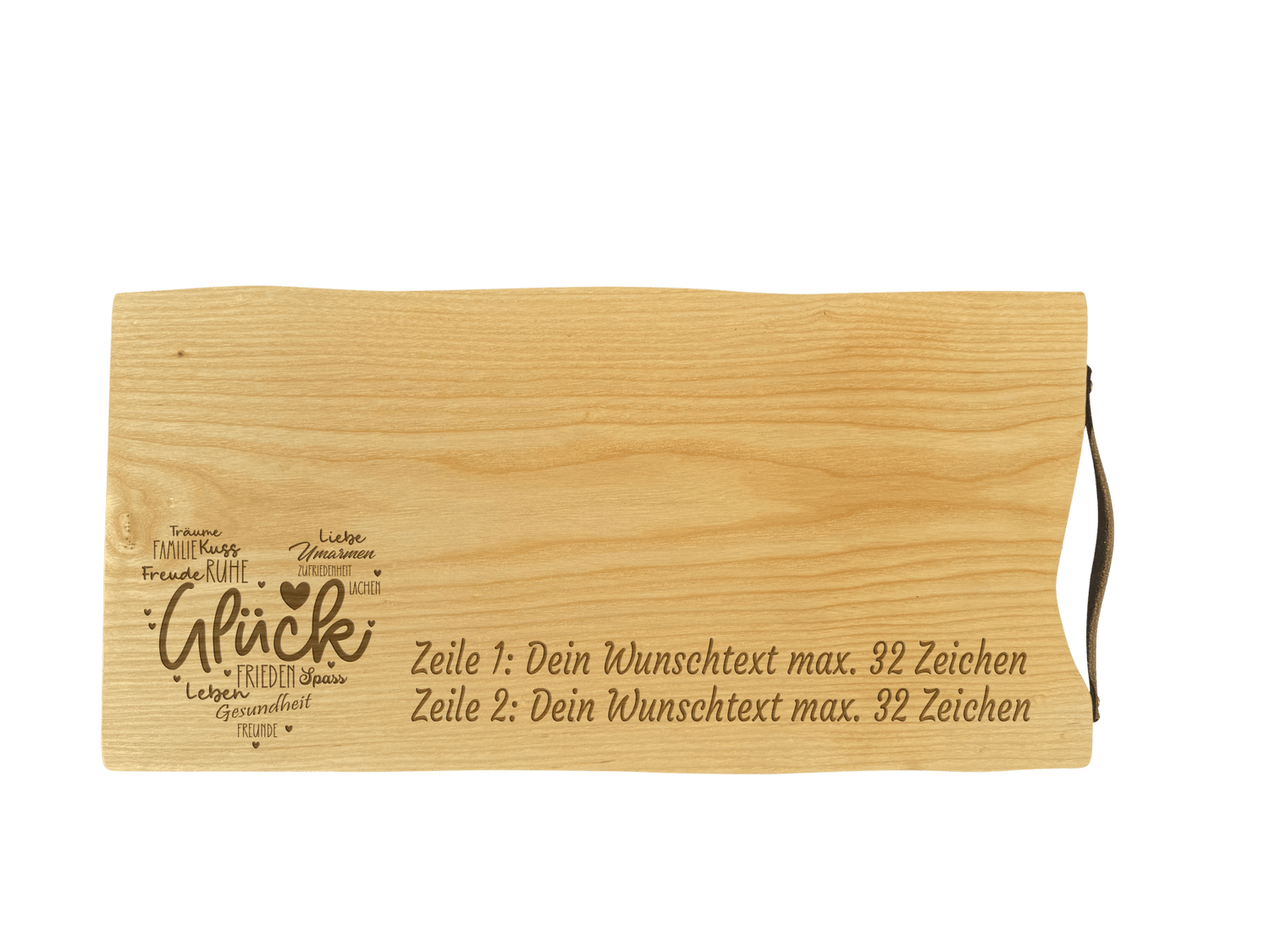 Schneidebrett Esche mit Baumkante und Ledergriff  50 x 24 x 2 cm (Preis inkl. Gravur)