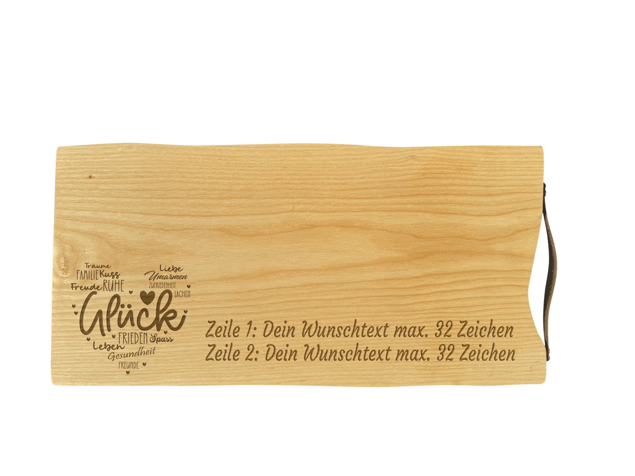 Schneidebrett Esche mit Baumkante und Ledergriff  50 x 24 x 2 cm (Preis inkl. Gravur)