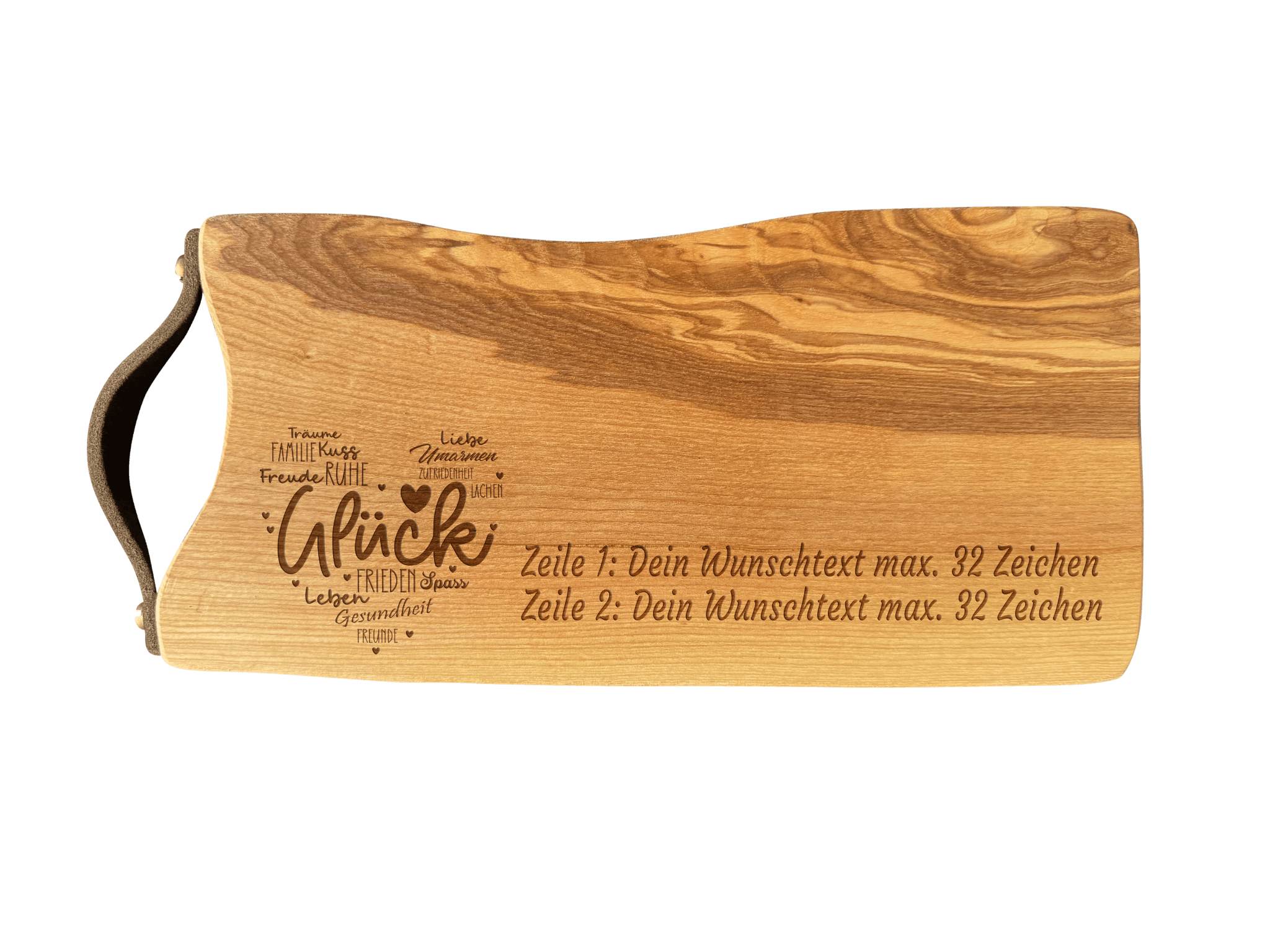 Schneidebrett Esche mit Baumkante und Ledergriff  34 x 14 x 2 cm (Preis inkl. Gravur)