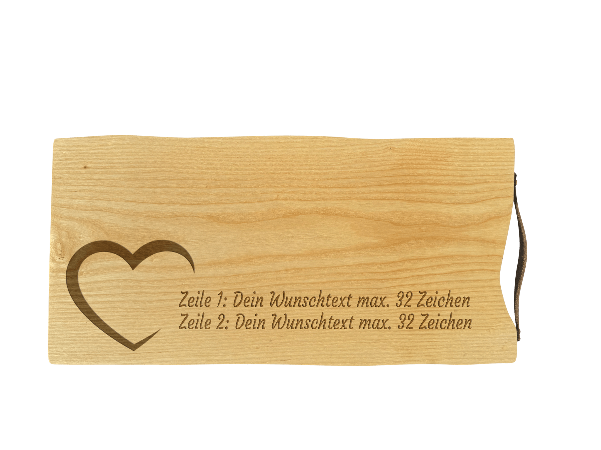 Schneidebrett Esche mit Baumkante und Ledergriff  50 x 24 x 2 cm (Preis inkl. Gravur)