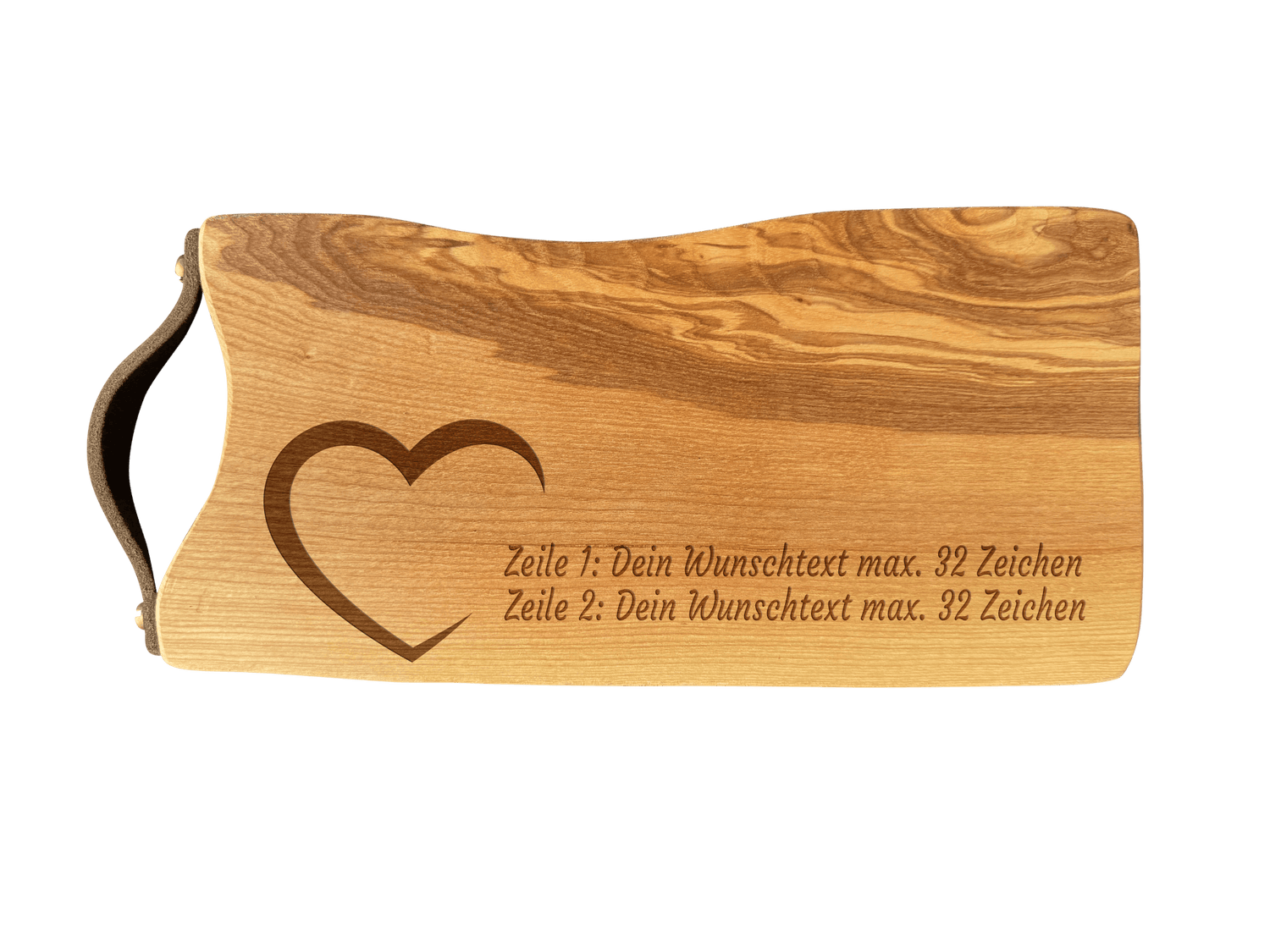 Schneidebrett Esche mit Baumkante und Ledergriff  34 x 14 x 2 cm (Preis inkl. Gravur)