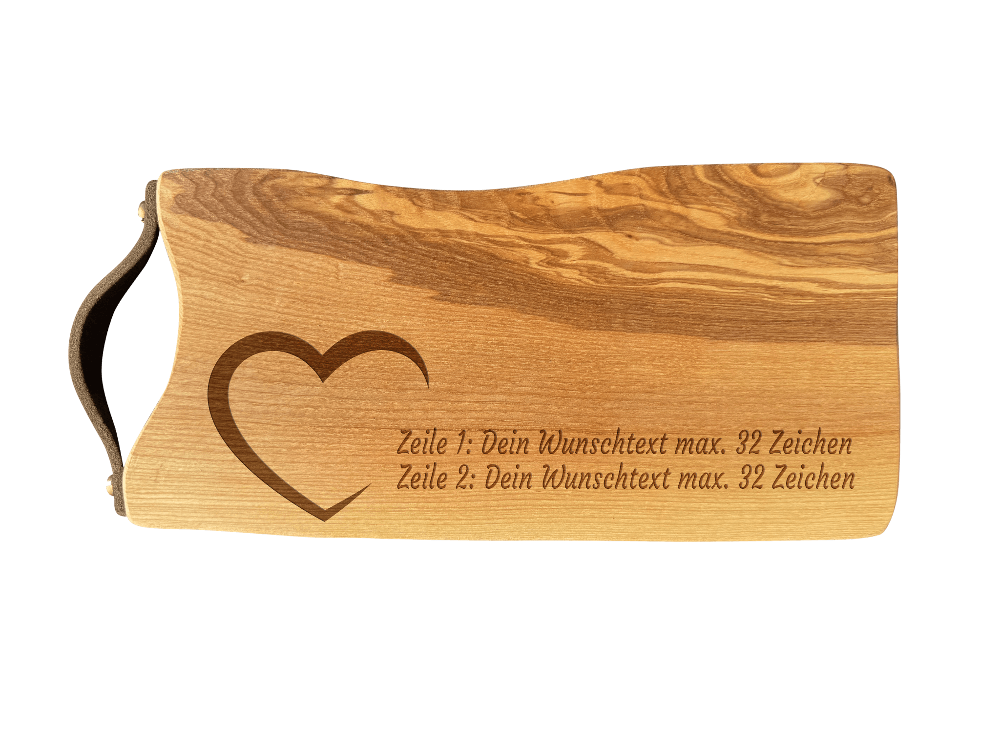 Schneidebrett Esche mit Baumkante und Ledergriff  34 x 14 x 2 cm (Preis inkl. Gravur)