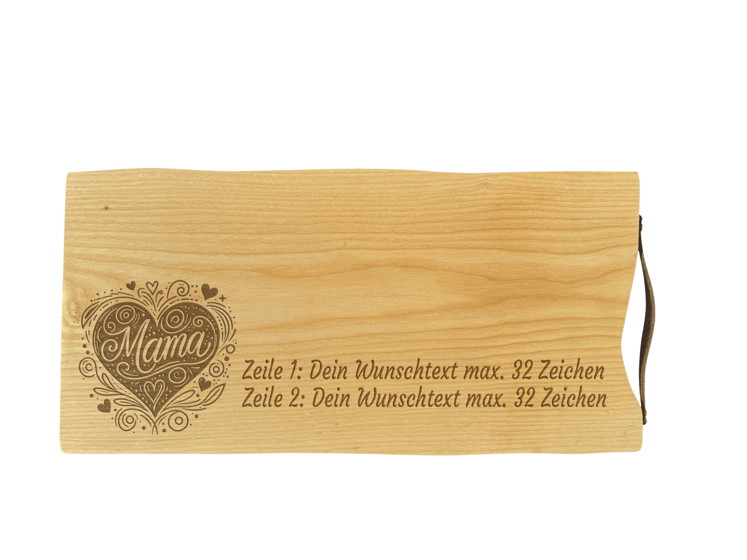 Schneidebrett Esche mit Baumkante und Ledergriff  50 x 24 x 2 cm (Preis inkl. Gravur)