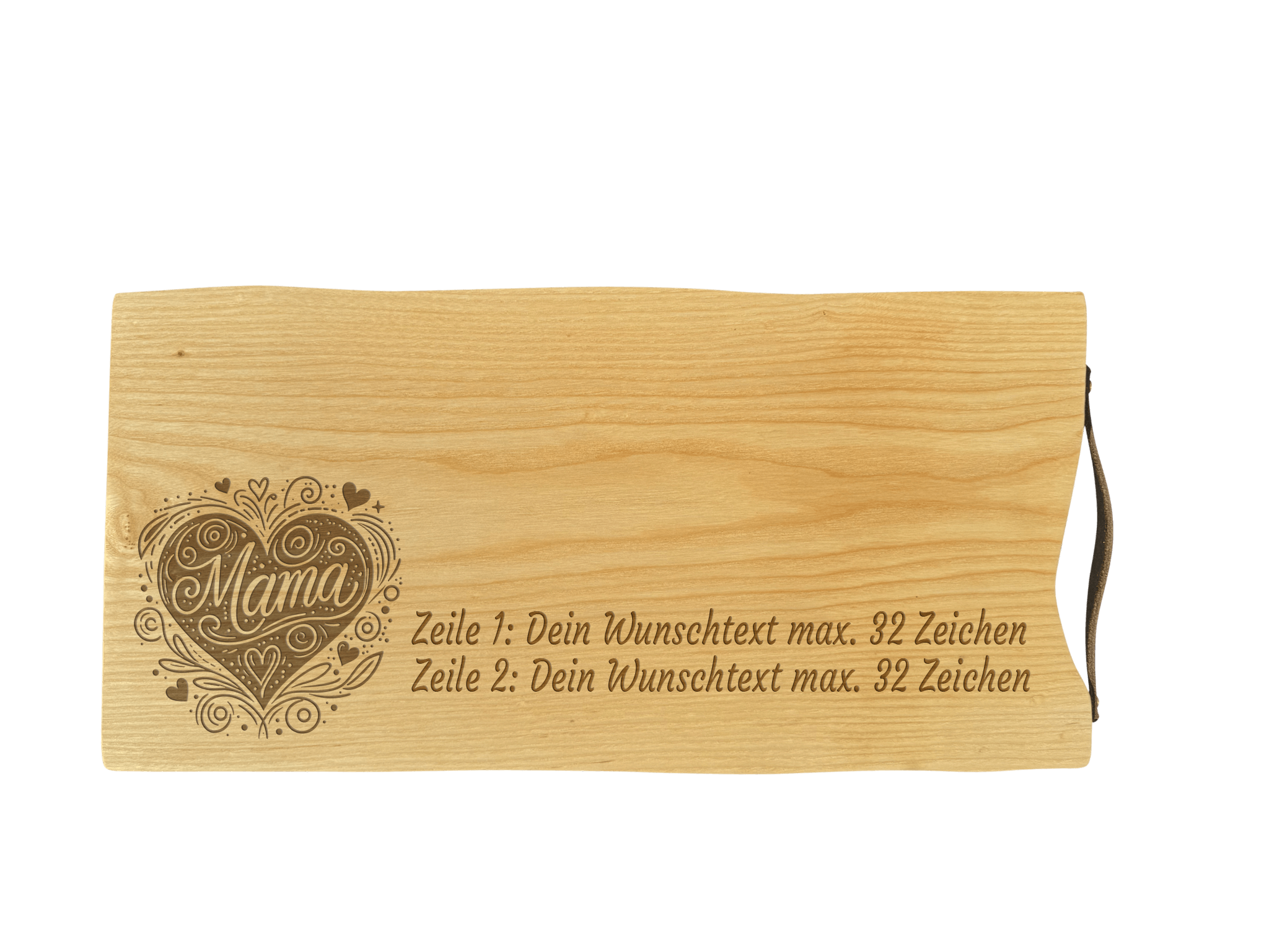 Schneidebrett Esche mit Baumkante und Ledergriff  50 x 24 x 2 cm (Preis inkl. Gravur)