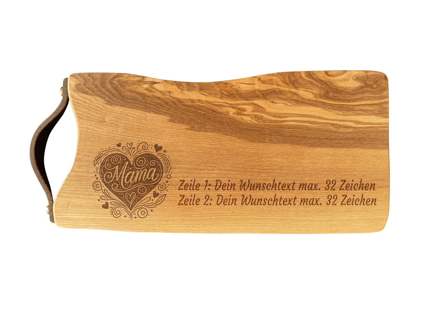 Schneidebrett Esche mit Baumkante und Ledergriff  34 x 14 x 2 cm (Preis inkl. Gravur)