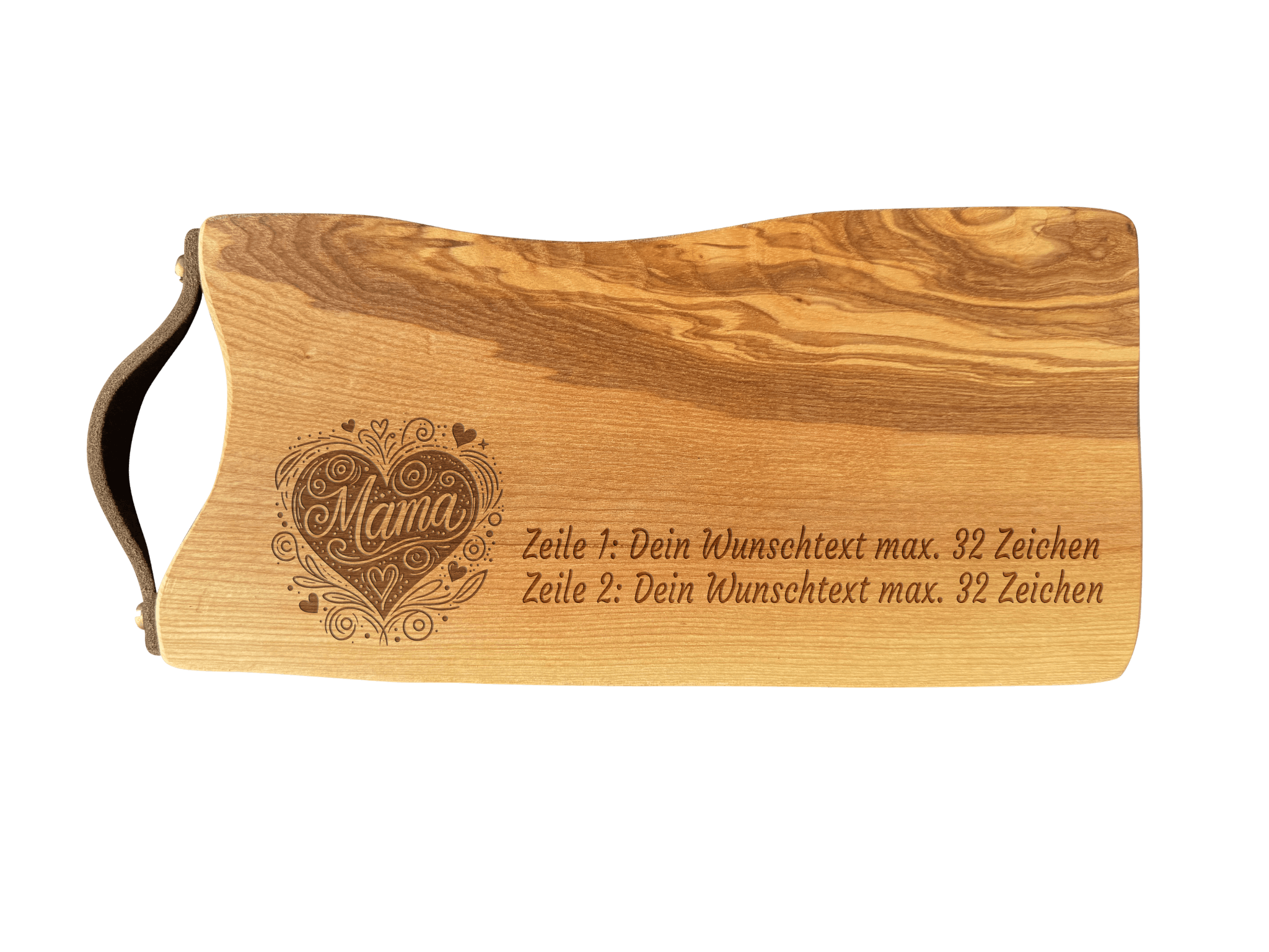 Schneidebrett Esche mit Baumkante und Ledergriff  34 x 14 x 2 cm (Preis inkl. Gravur)