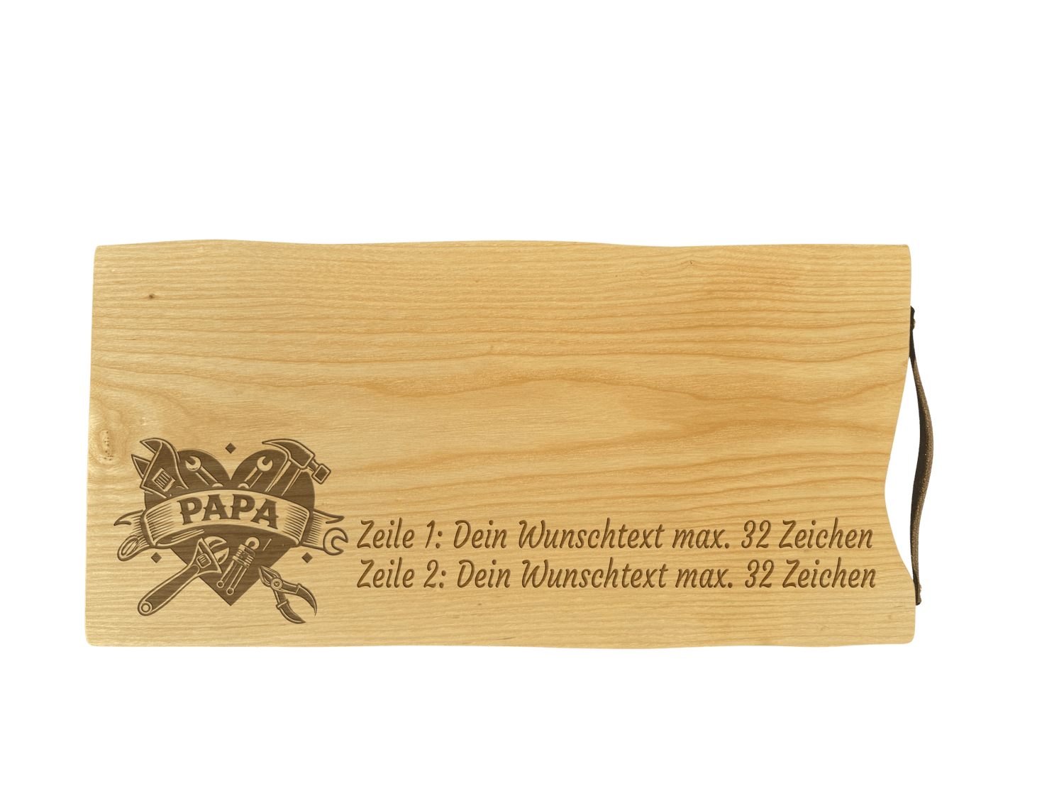 Schneidebrett Esche mit Baumkante und Ledergriff  50 x 24 x 2 cm (Preis inkl. Gravur)
