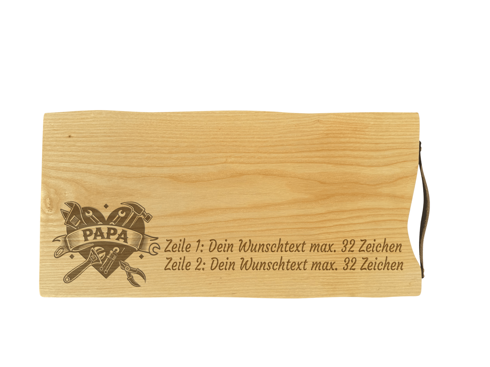 Schneidebrett Esche mit Baumkante und Ledergriff  50 x 24 x 2 cm (Preis inkl. Gravur)