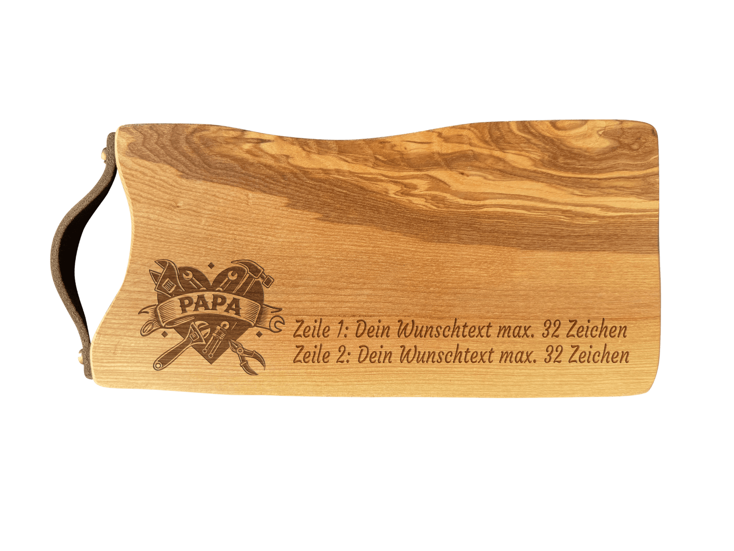 Schneidebrett Esche mit Baumkante und Ledergriff  34 x 14 x 2 cm (Preis inkl. Gravur)