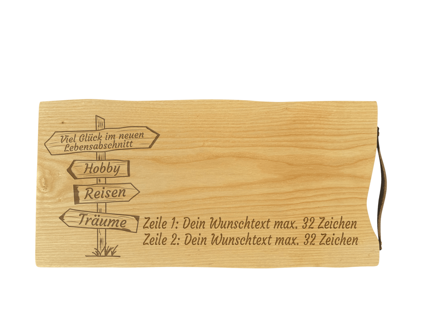 Schneidebrett Esche mit Baumkante und Ledergriff  50 x 24 x 2 cm (Preis inkl. Gravur)