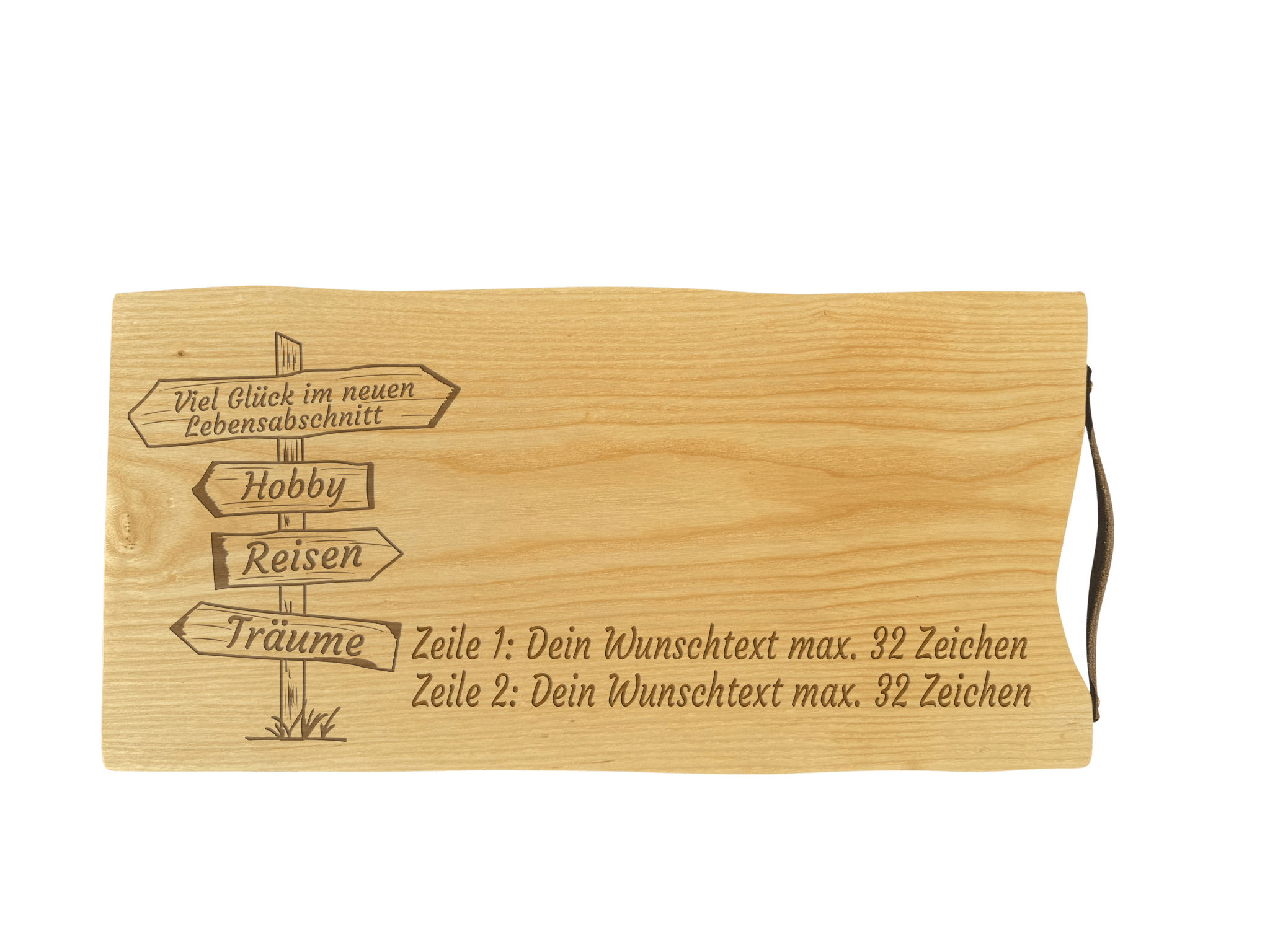 Schneidebrett Esche mit Baumkante und Ledergriff  50 x 24 x 2 cm (Preis inkl. Gravur)