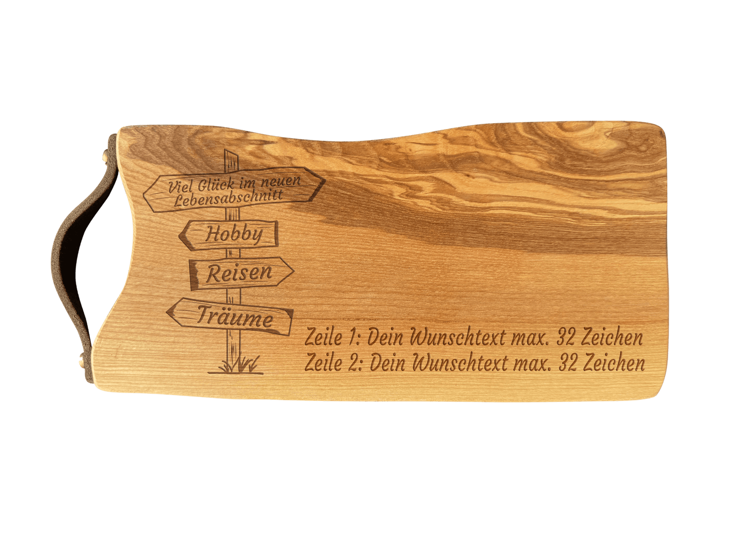 Schneidebrett Esche mit Baumkante und Ledergriff  34 x 14 x 2 cm (Preis inkl. Gravur)