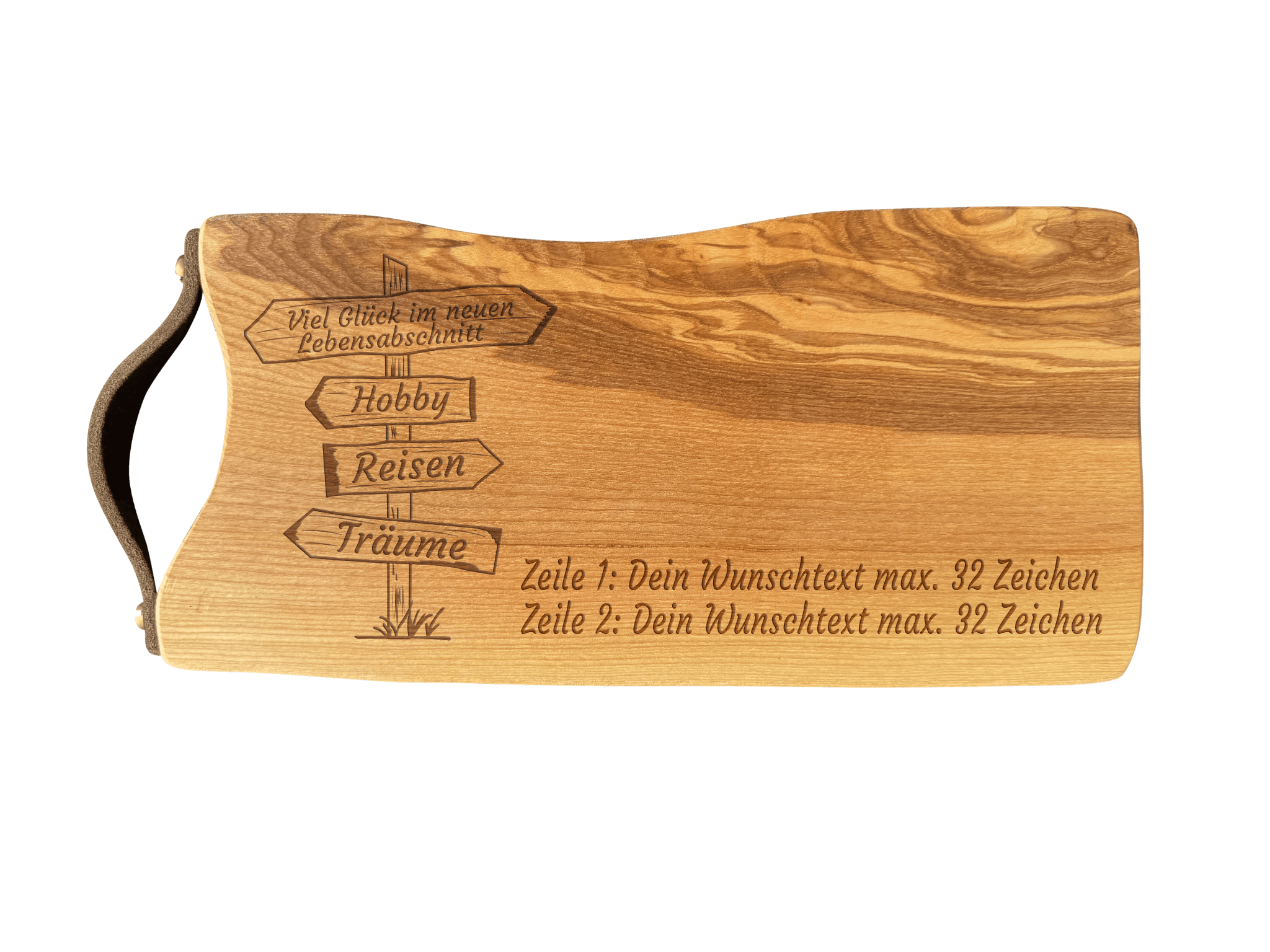 Schneidebrett Esche mit Baumkante und Ledergriff  34 x 14 x 2 cm (Preis inkl. Gravur)