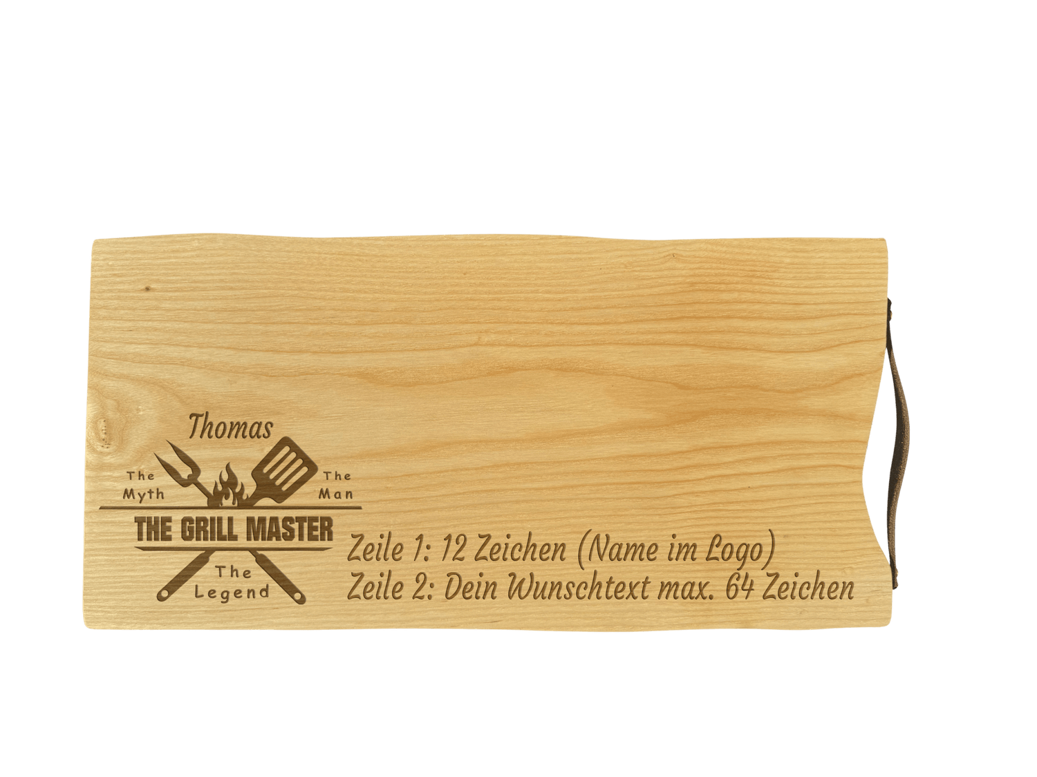 Schneidebrett Esche mit Baumkante und Ledergriff  50 x 24 x 2 cm (Preis inkl. Gravur)