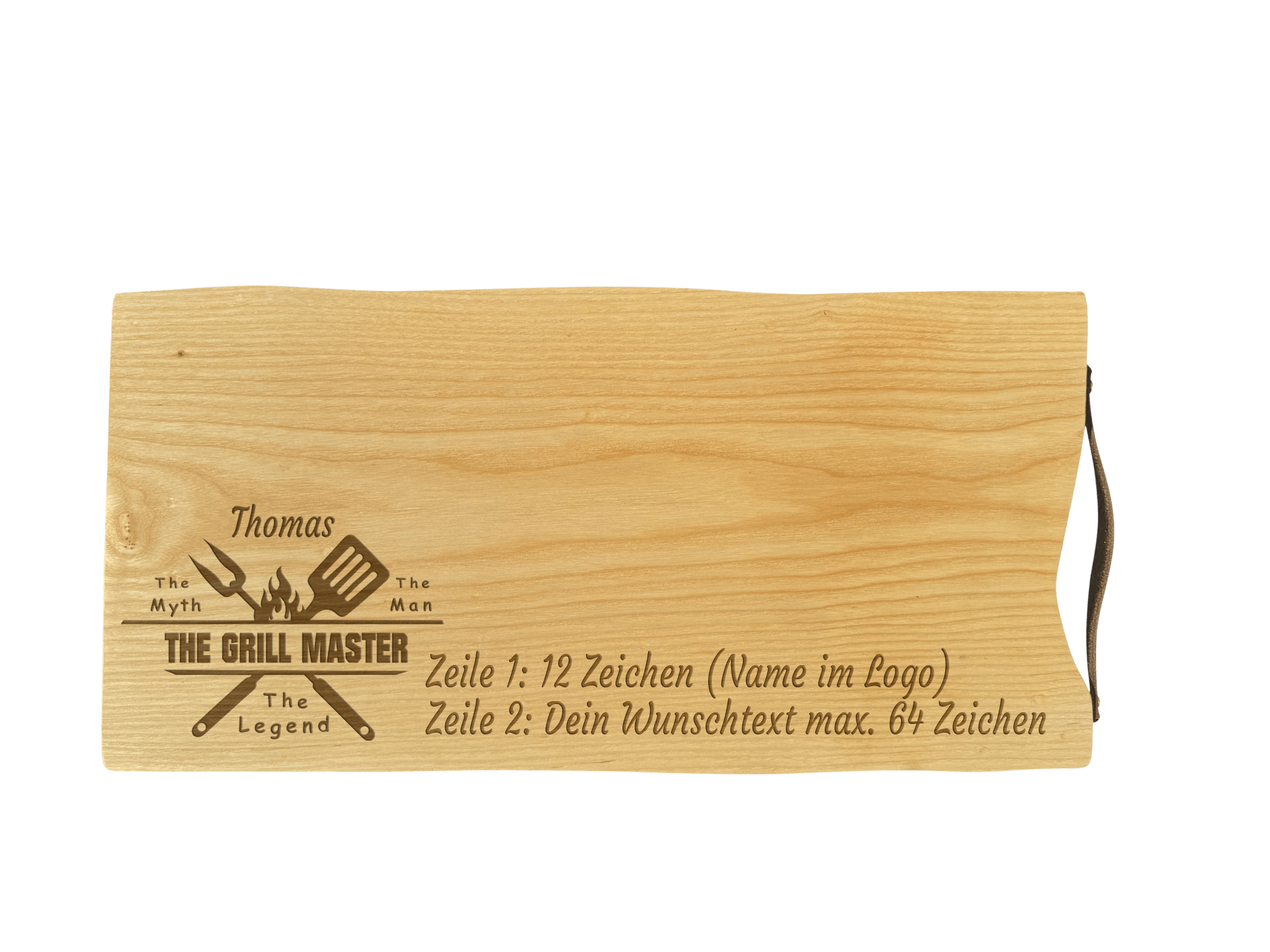 Schneidebrett Esche mit Baumkante und Ledergriff  50 x 24 x 2 cm (Preis inkl. Gravur)