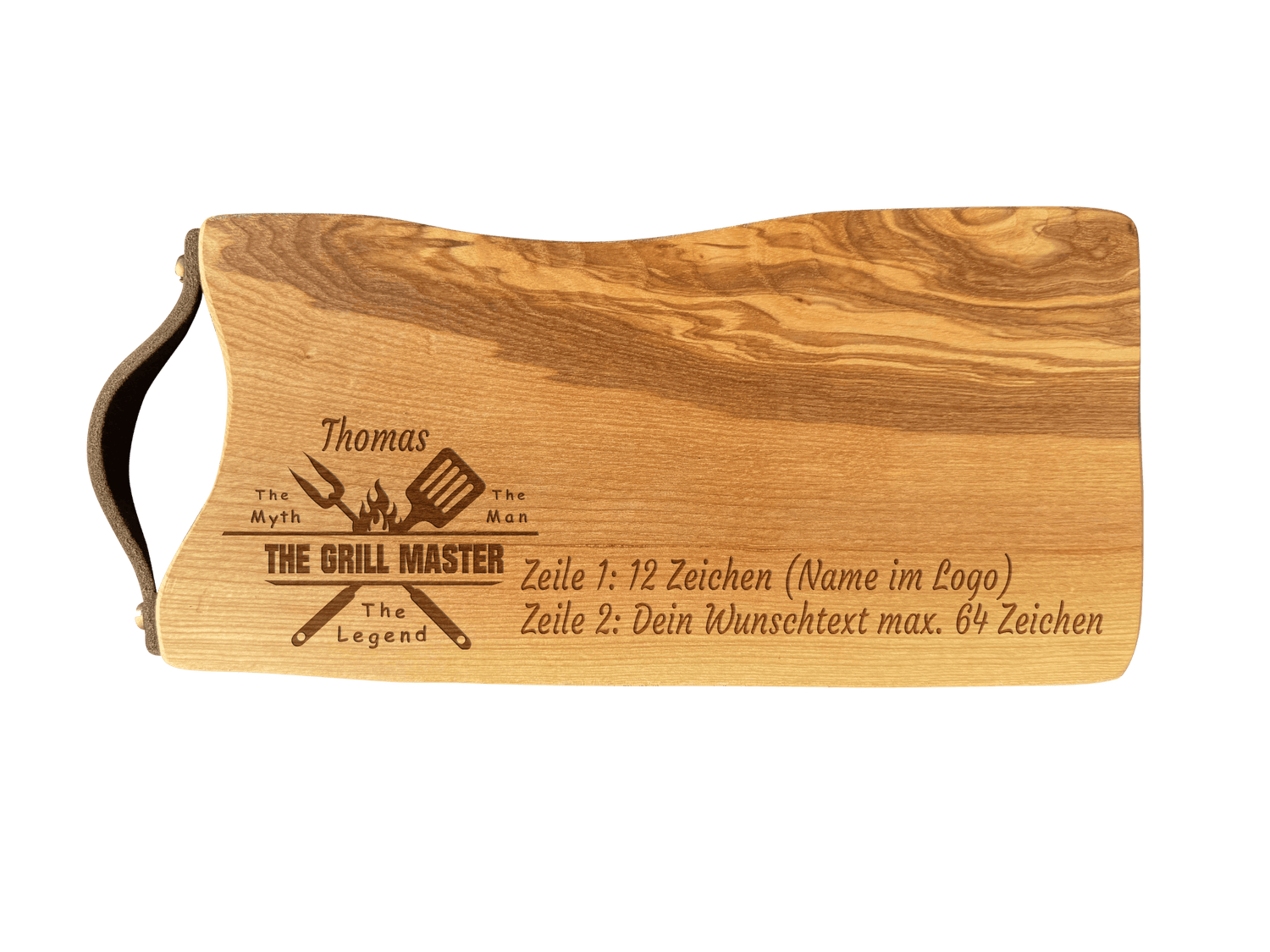 Schneidebrett Esche mit Baumkante und Ledergriff  34 x 14 x 2 cm (Preis inkl. Gravur)