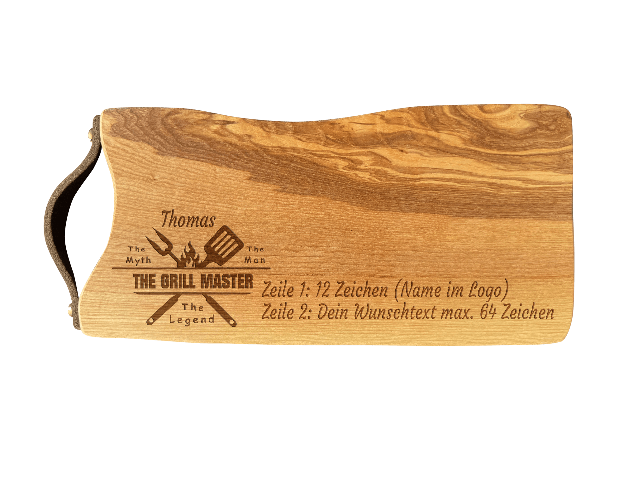 Schneidebrett Esche mit Baumkante und Ledergriff  34 x 14 x 2 cm (Preis inkl. Gravur)