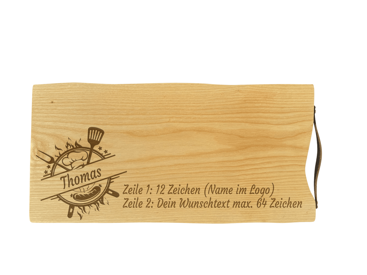 Schneidebrett Esche mit Baumkante und Ledergriff  50 x 24 x 2 cm (Preis inkl. Gravur)