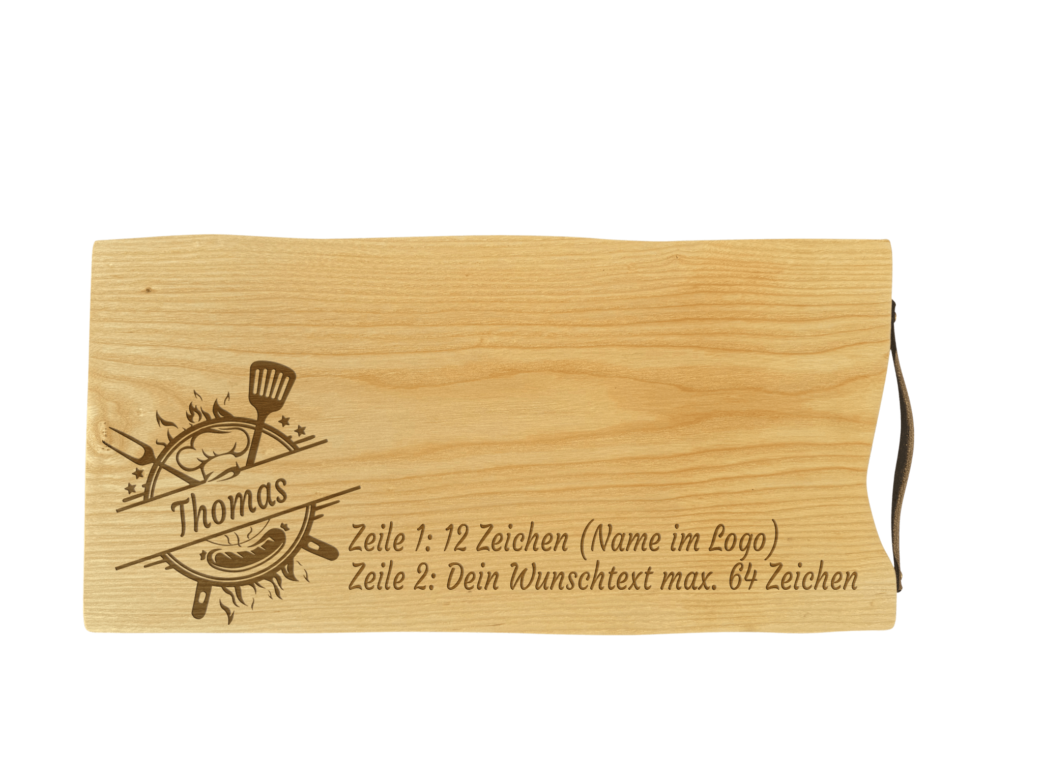 Schneidebrett Esche mit Baumkante und Ledergriff  50 x 24 x 2 cm (Preis inkl. Gravur)