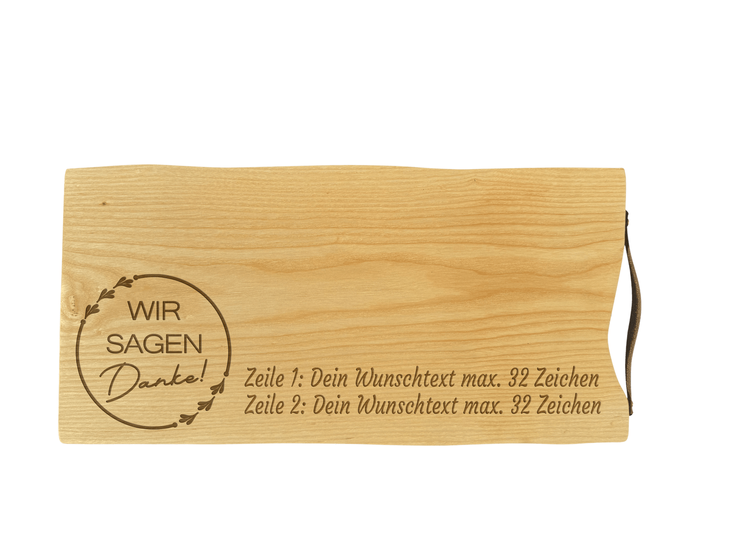 Schneidebrett Esche mit Baumkante und Ledergriff  50 x 24 x 2 cm (Preis inkl. Gravur)