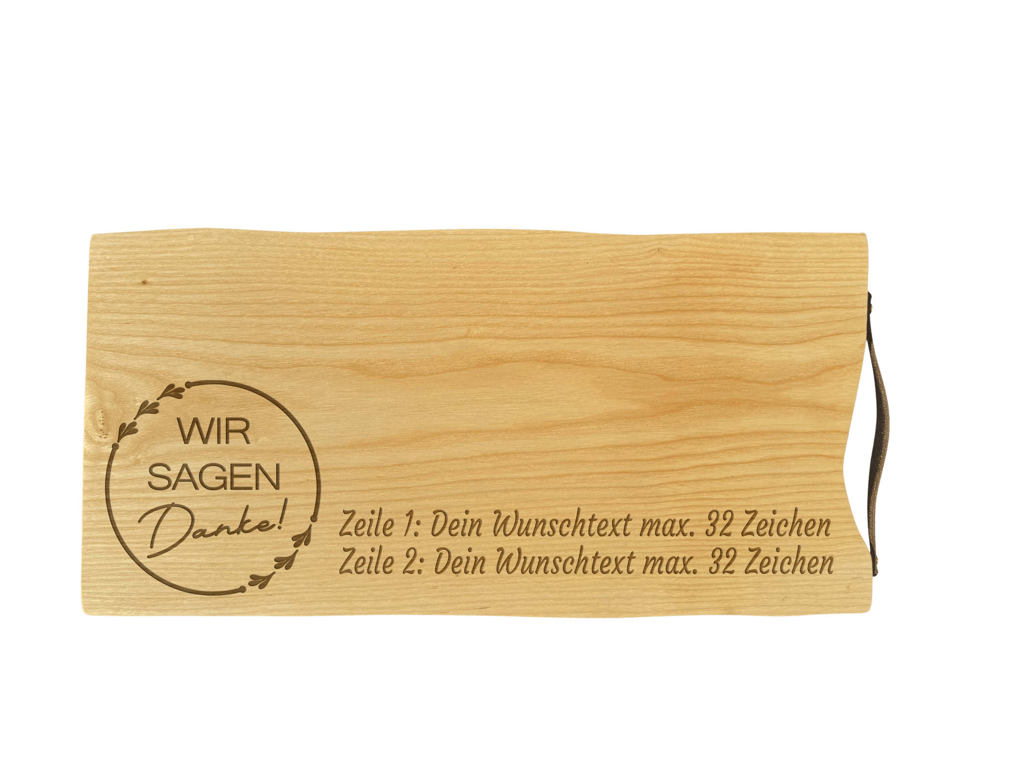 Schneidebrett Esche mit Baumkante und Ledergriff  50 x 24 x 2 cm (Preis inkl. Gravur)
