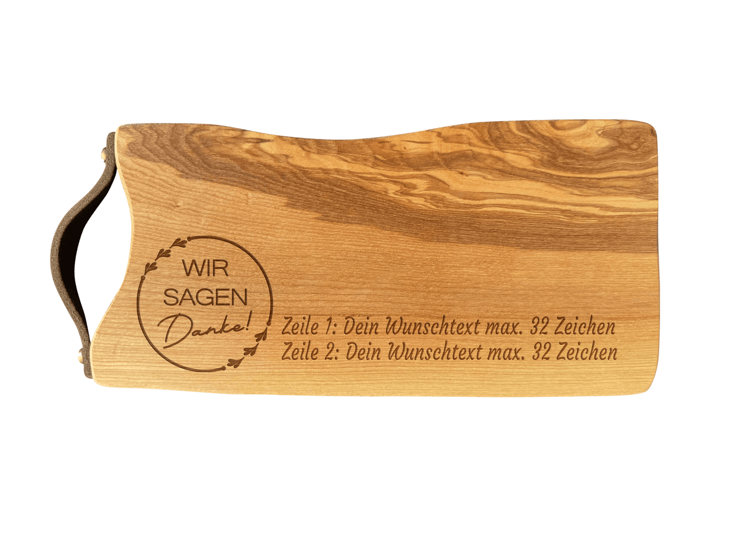 Schneidebrett Esche mit Baumkante und Ledergriff  34 x 14 x 2 cm (Preis inkl. Gravur)