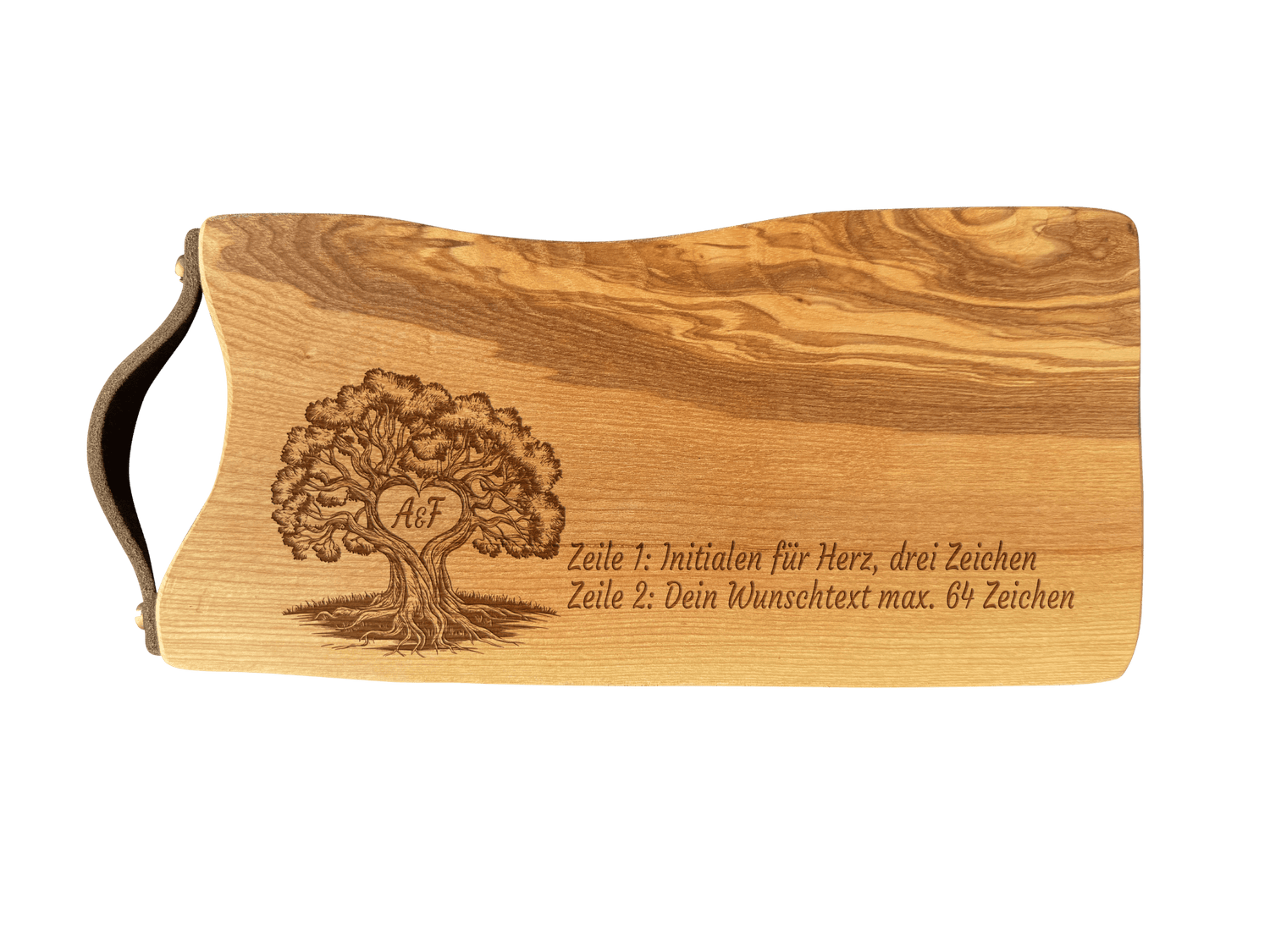 Schneidebrett Esche mit Baumkante und Ledergriff  34 x 14 x 2 cm (Preis inkl. Gravur)