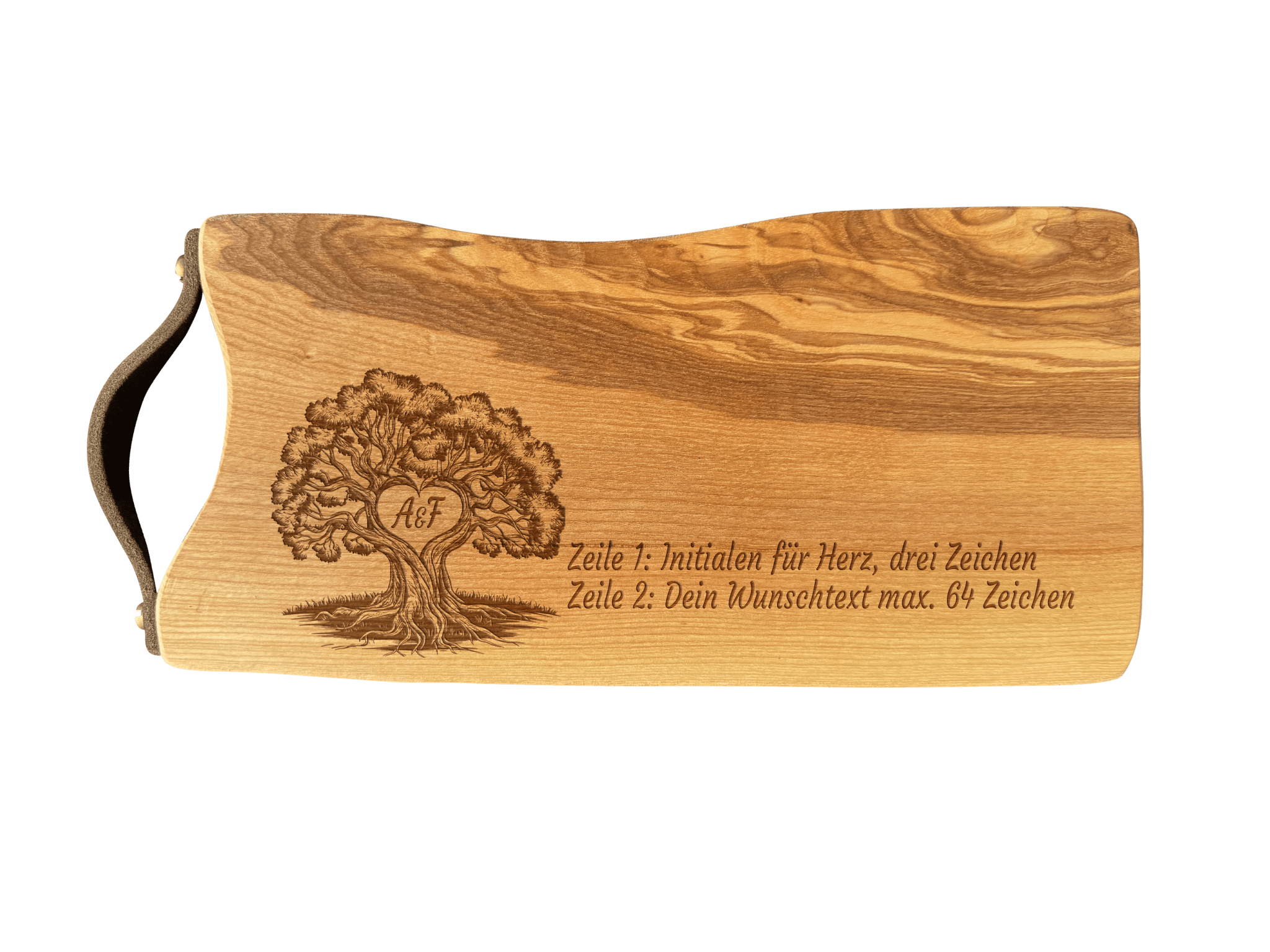 Schneidebrett Esche mit Baumkante und Ledergriff  34 x 14 x 2 cm (Preis inkl. Gravur)