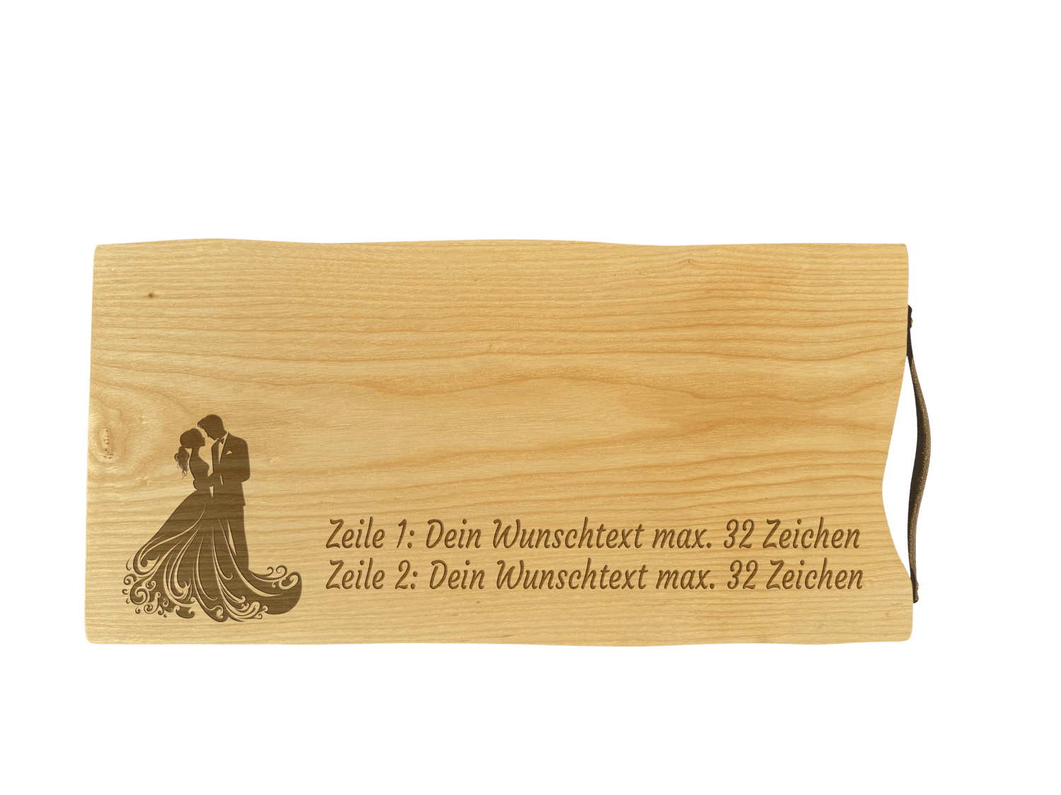 Schneidebrett Esche mit Baumkante und Ledergriff  50 x 24 x 2 cm (Preis inkl. Gravur)