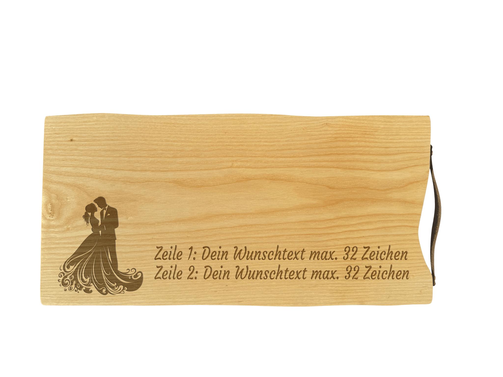 Schneidebrett Esche mit Baumkante und Ledergriff  50 x 24 x 2 cm (Preis inkl. Gravur)