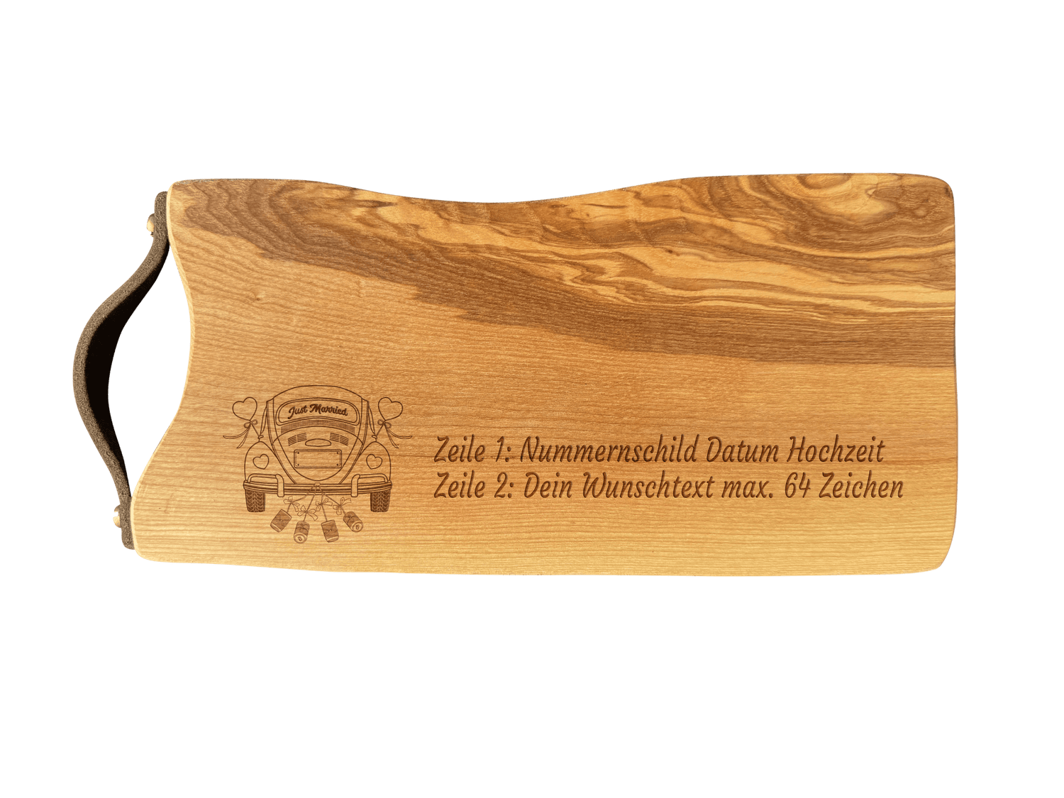 Schneidebrett Esche mit Baumkante und Ledergriff  34 x 14 x 2 cm (Preis inkl. Gravur)