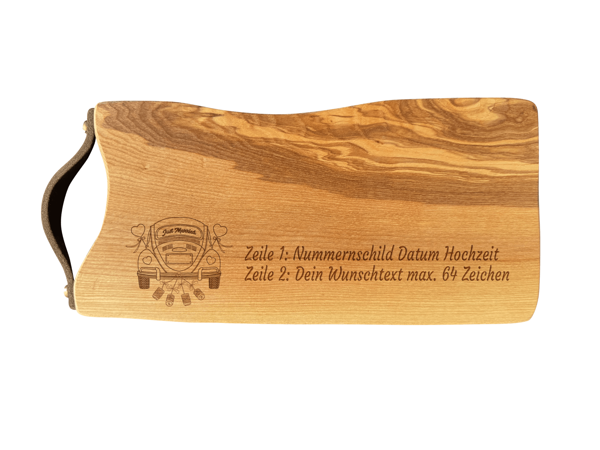 Schneidebrett Esche mit Baumkante und Ledergriff  34 x 14 x 2 cm (Preis inkl. Gravur)
