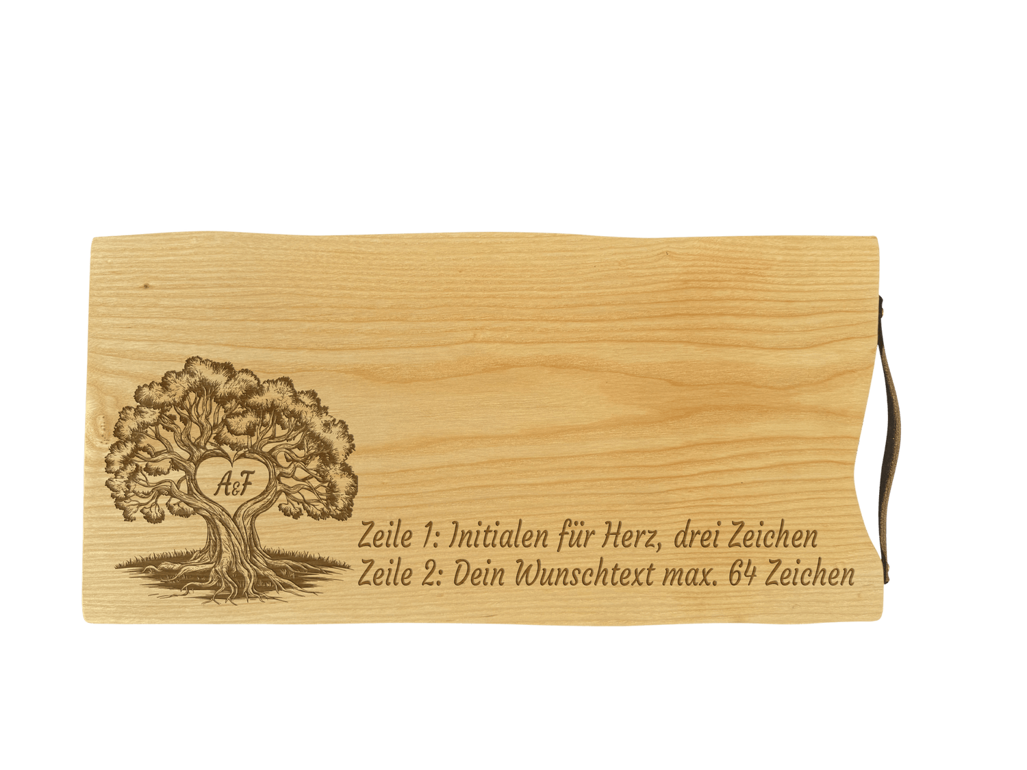 Schneidebrett Esche mit Baumkante und Ledergriff  50 x 24 x 2 cm (Preis inkl. Gravur)