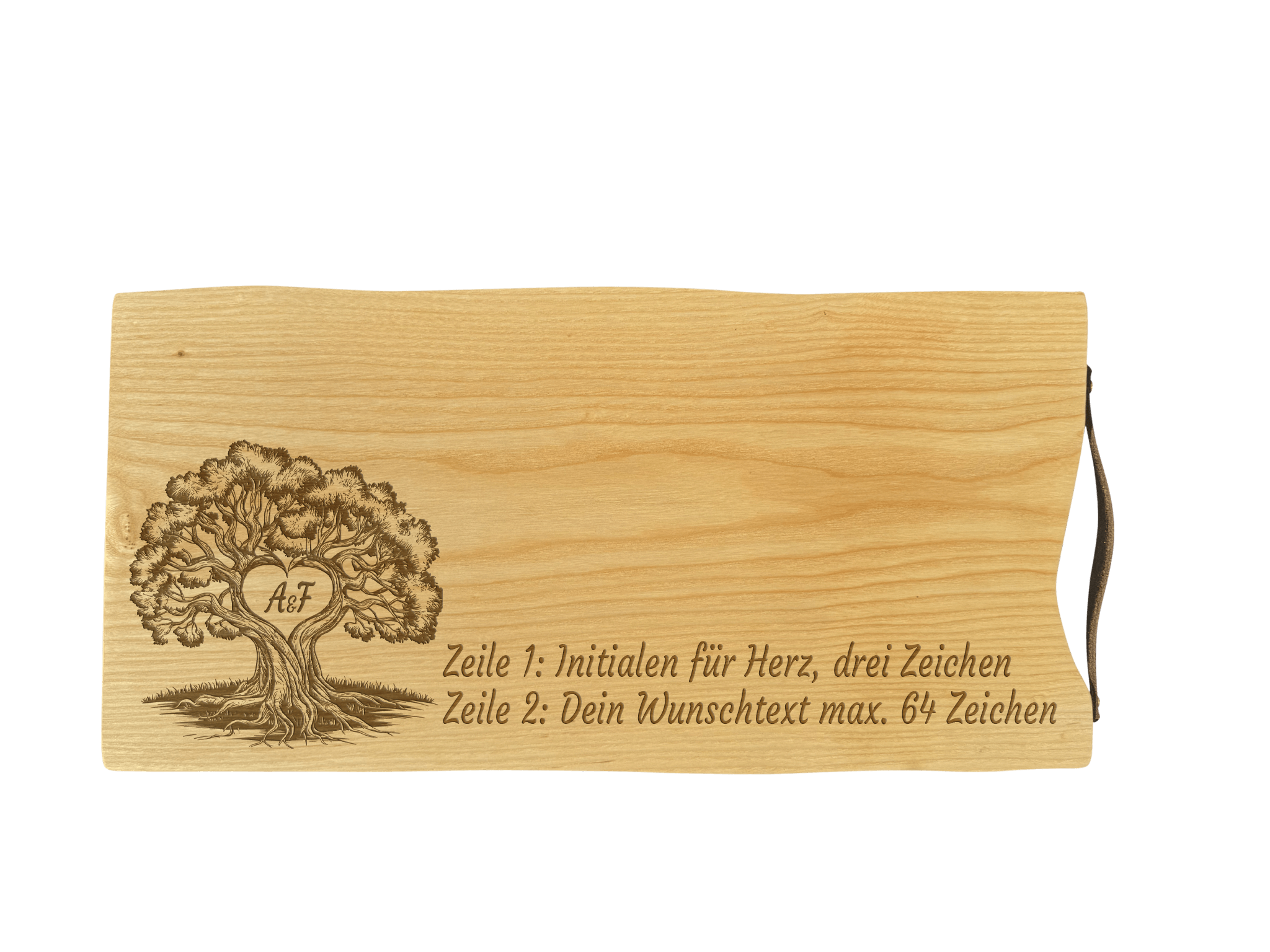 Schneidebrett Esche mit Baumkante und Ledergriff  50 x 24 x 2 cm (Preis inkl. Gravur)