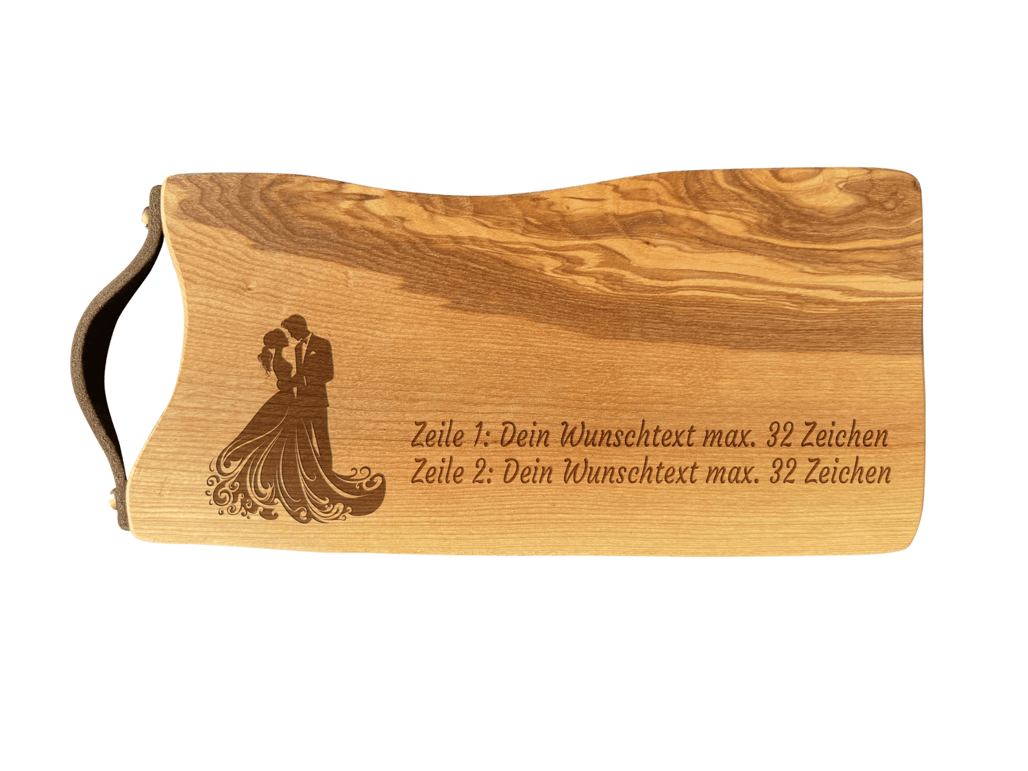 Schneidebrett Esche mit Baumkante und Ledergriff  34 x 14 x 2 cm (Preis inkl. Gravur)